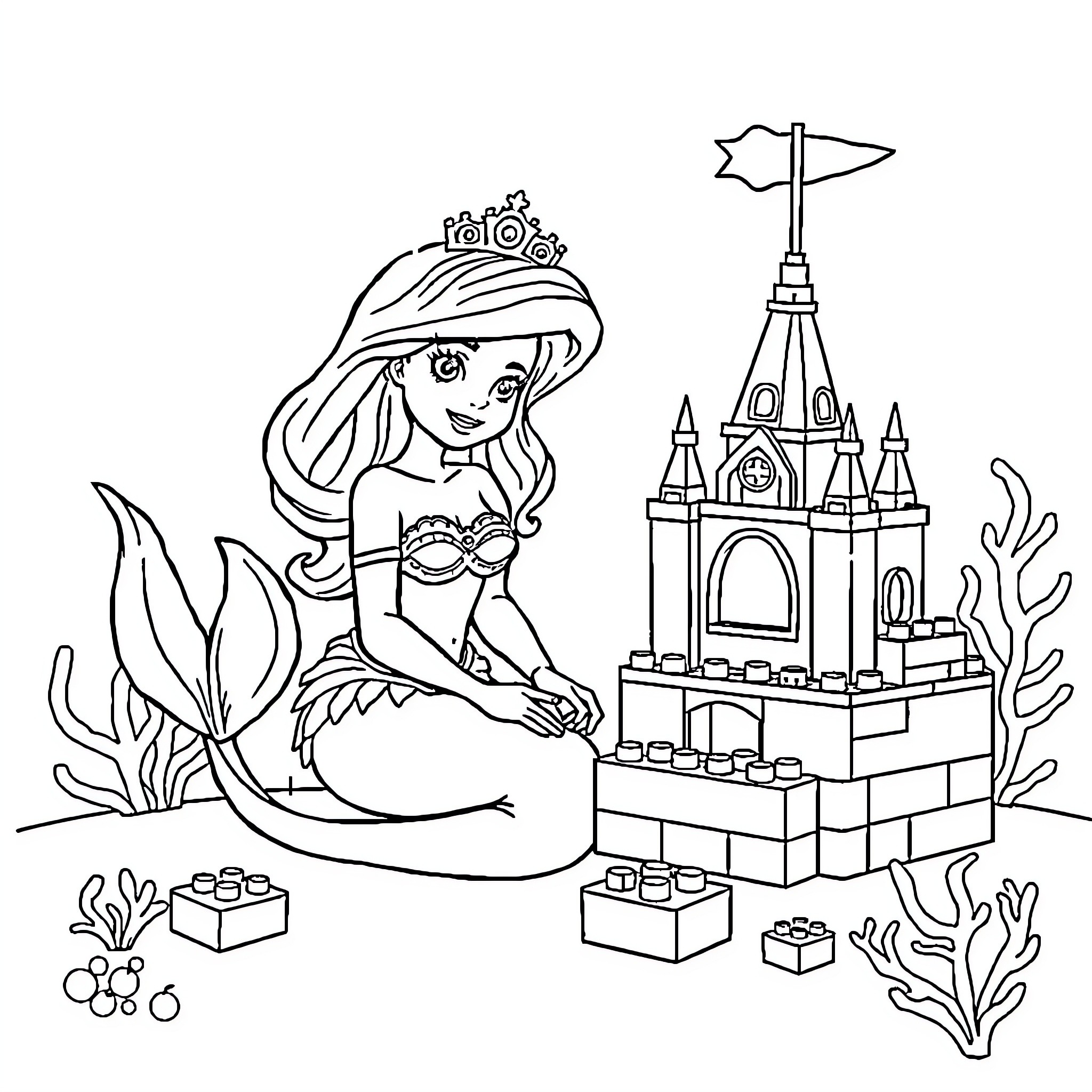 Mermaid exploring an underwater castle Coloring Page (free black-and-white line drawing printable PDF for all, from beginners to advanced learners, including children, teens, adults, and seniors)