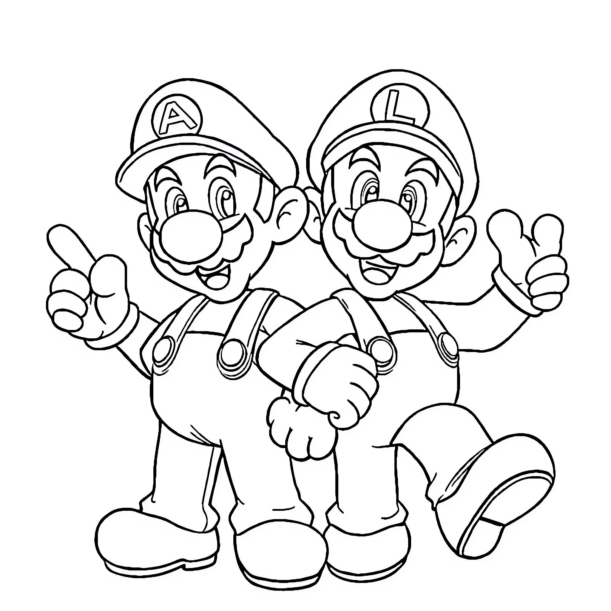 Mario and Luigi in Cheerful Poses Coloring Page (free black-and-white line drawing printable PDF for all, from beginners to advanced learners, including children, teens, adults, and seniors)