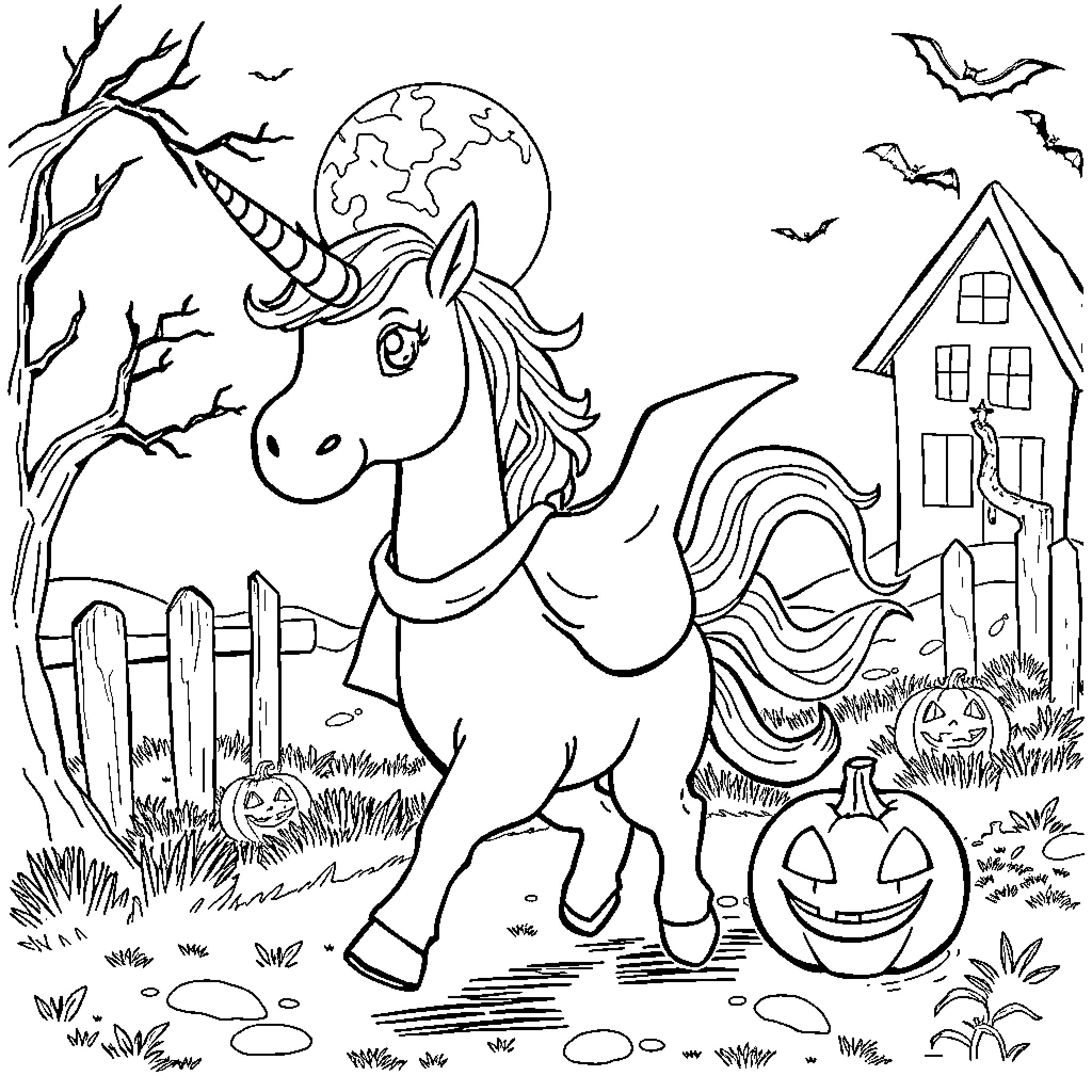 Unicorn in a whimsical Halloween scene Coloring Page (free black-and-white line drawing printable PDF for all, from beginners to advanced learners, including children, teens, adults, and seniors)