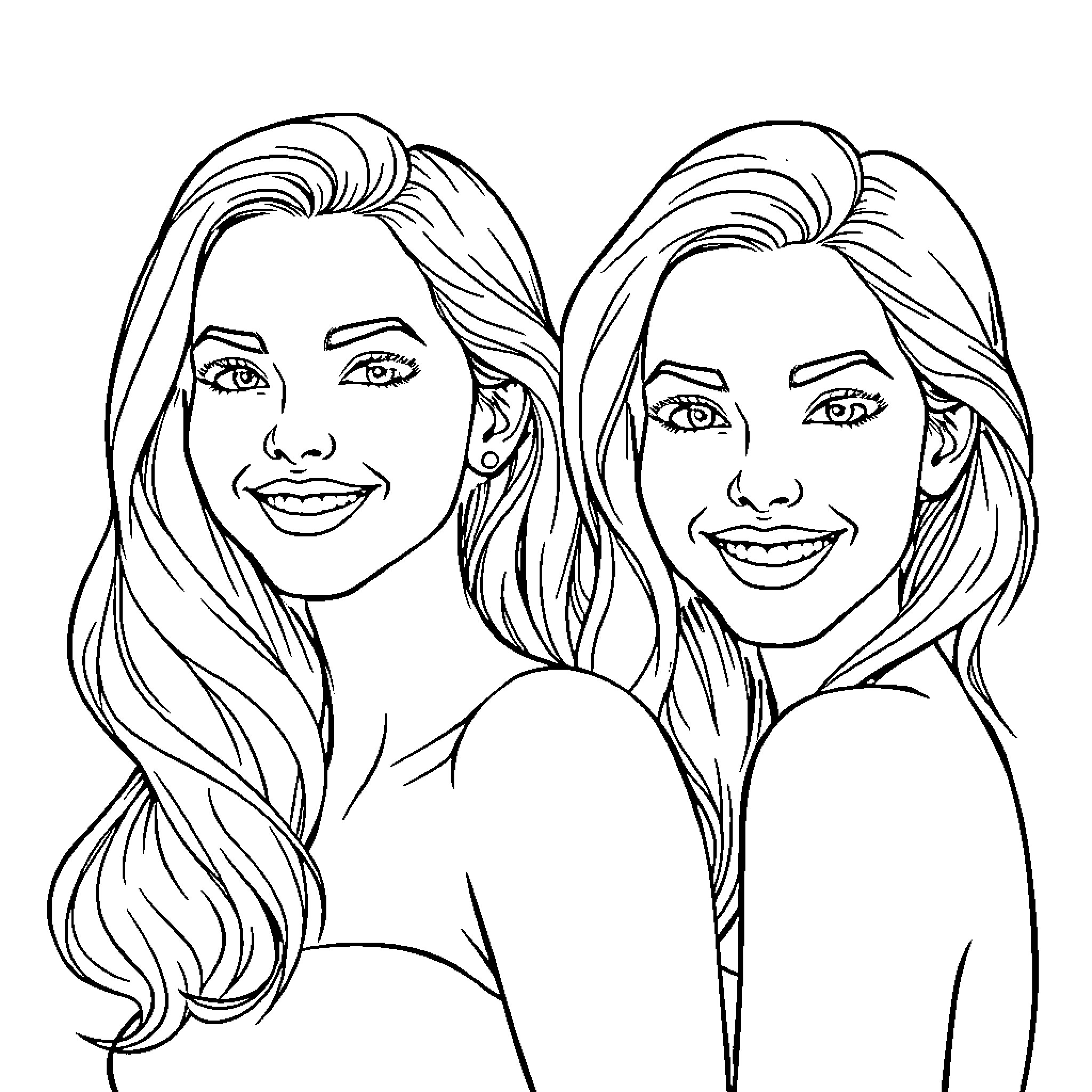 Women posing confidently and smiling Coloring Page (free black-and-white line drawing printable PDF for all, from beginners to advanced learners, including children, teens, adults, and seniors)