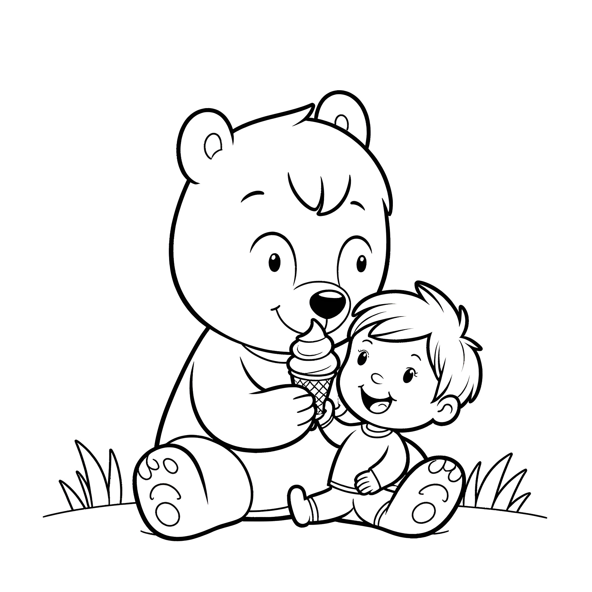 Bear comforting child with ice cream Coloring Page (free black-and-white line drawing printable PDF for all, from beginners to advanced learners, including children, teens, adults, and seniors)