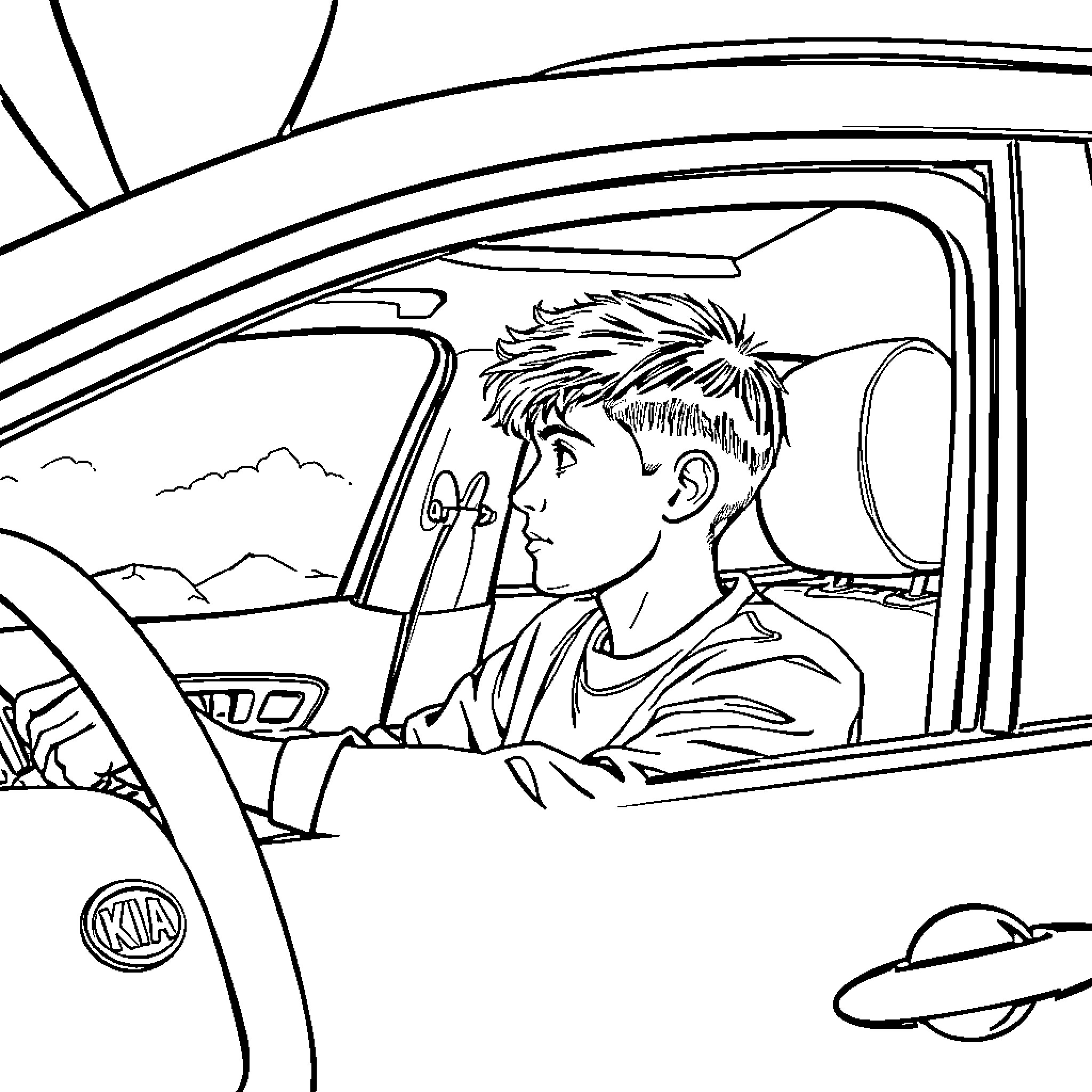 Boy driving a car on the road Coloring Page (free black-and-white line drawing printable PDF for all, from beginners to advanced learners, including children, teens, adults, and seniors)