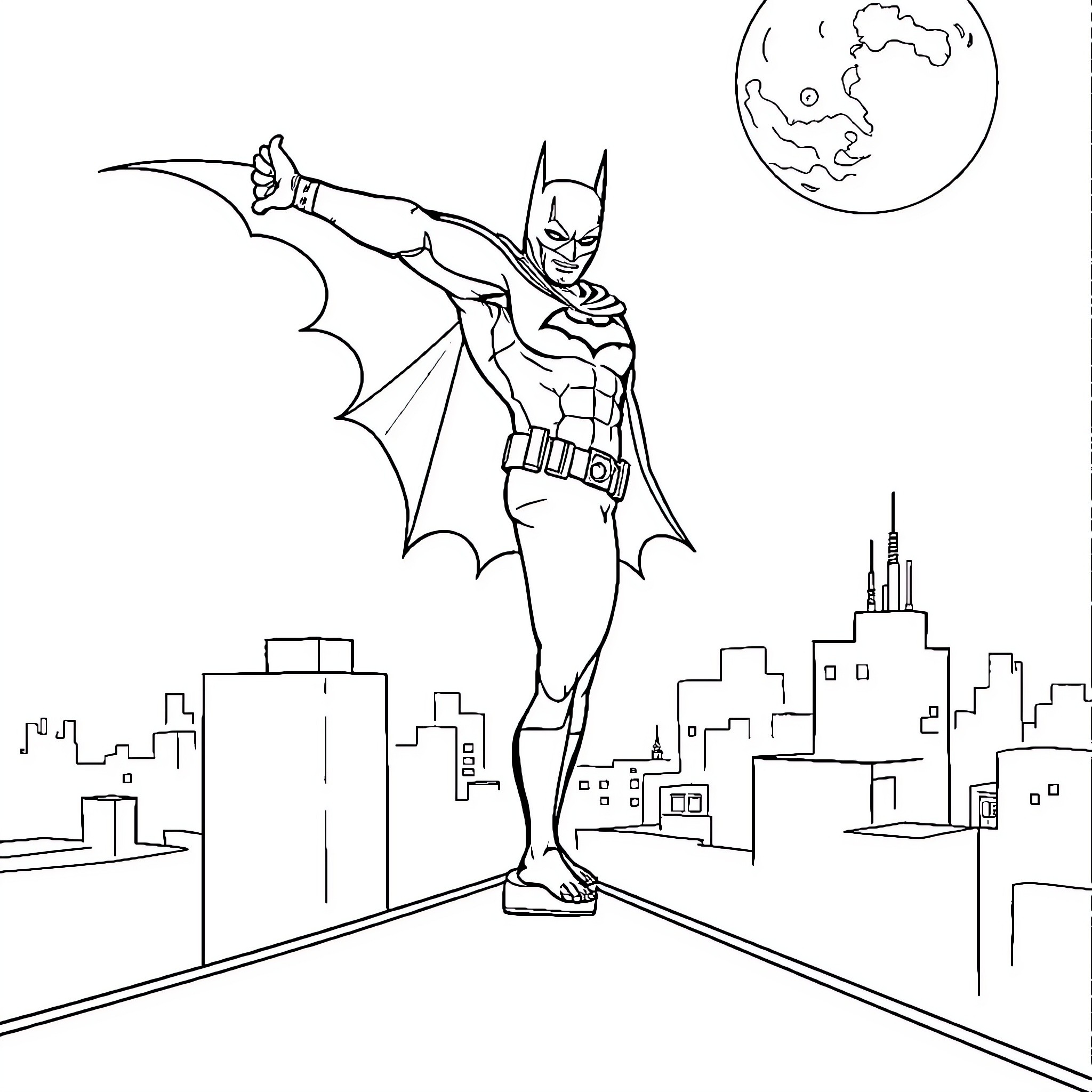 Batman soaring over the city in a night scene Coloring Page (free black-and-white line drawing printable PDF for all, from beginners to advanced learners, including children, teens, adults, and seniors)