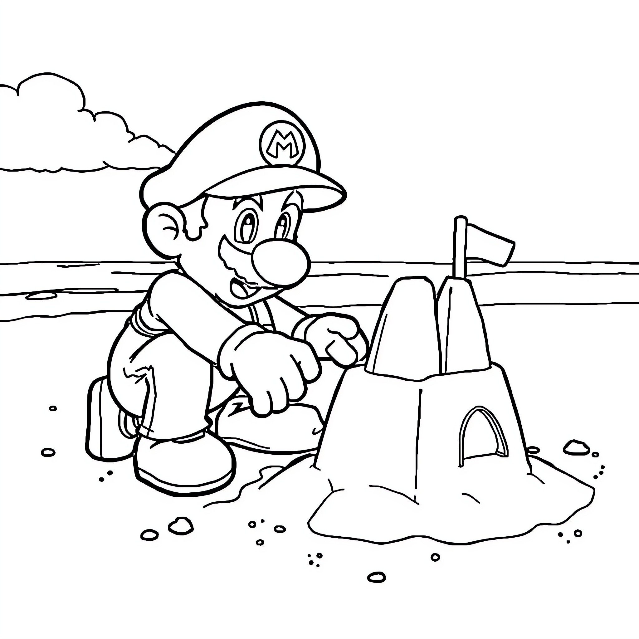Mario building a sandcastle on the beach Coloring Page (free black-and-white line drawing printable PDF for all, from beginners to advanced learners, including children, teens, adults, and seniors)