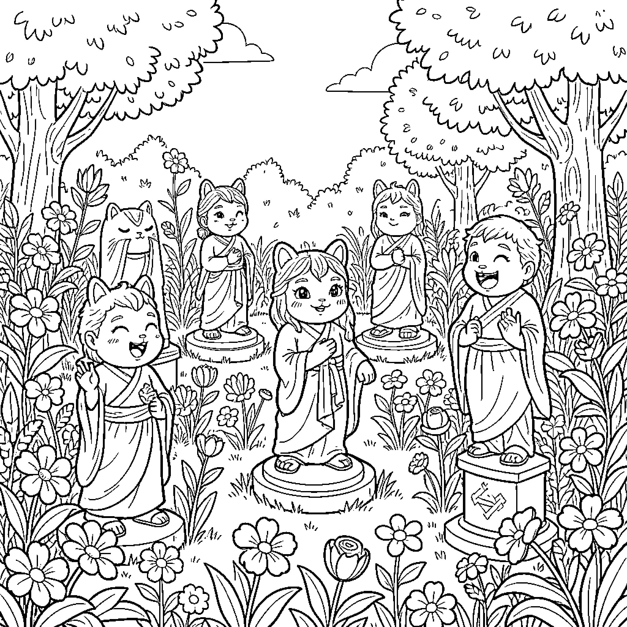 Banban characters posing joyfully in a floral garden Coloring Page (free black-and-white line drawing printable PDF for all, from beginners to advanced learners, including children, teens, adults, and seniors)