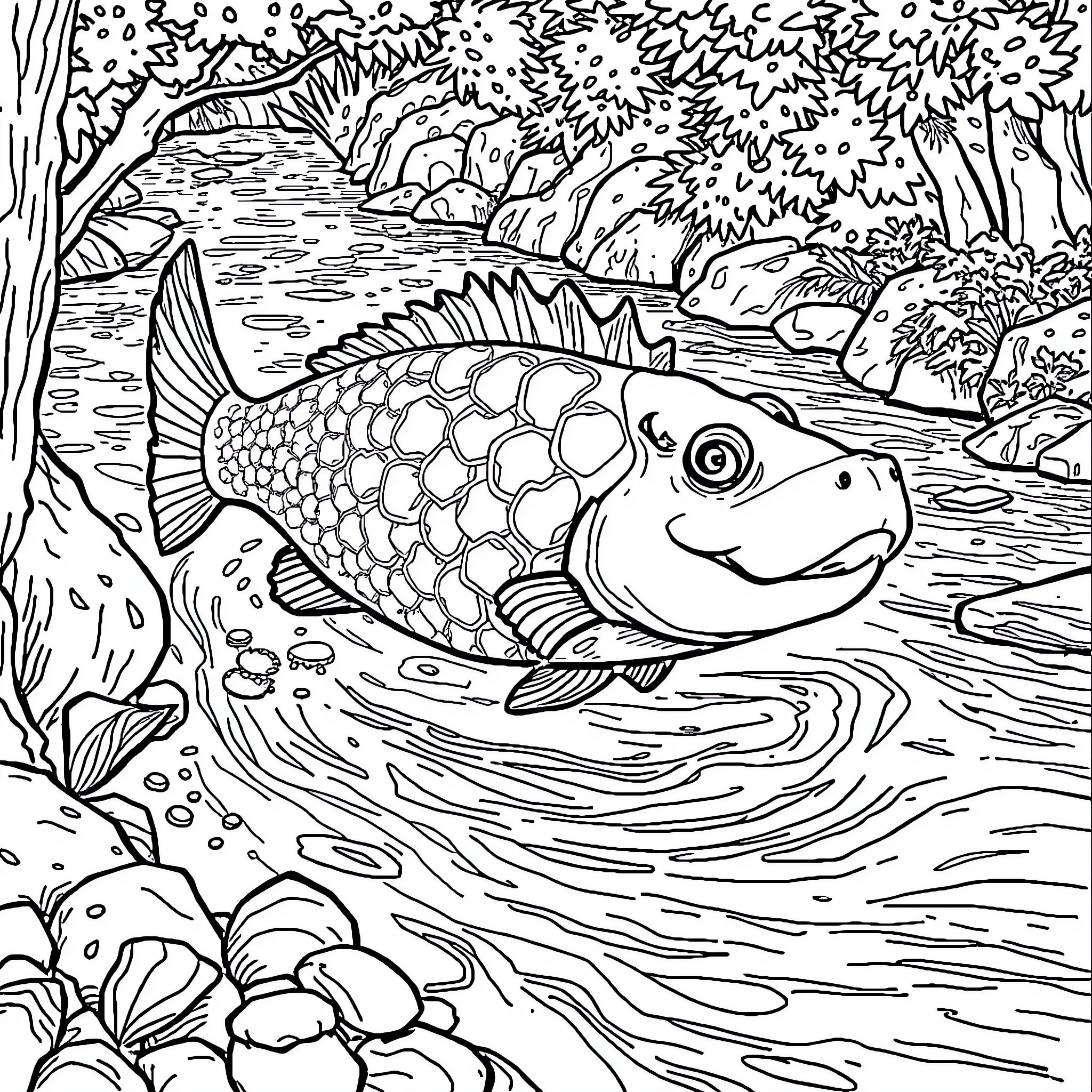 Gruffalo Fish Relaxing in Serene Underwater Scene Coloring Page (free black-and-white line drawing printable PDF for all, from beginners to advanced learners, including children, teens, adults, and seniors)
