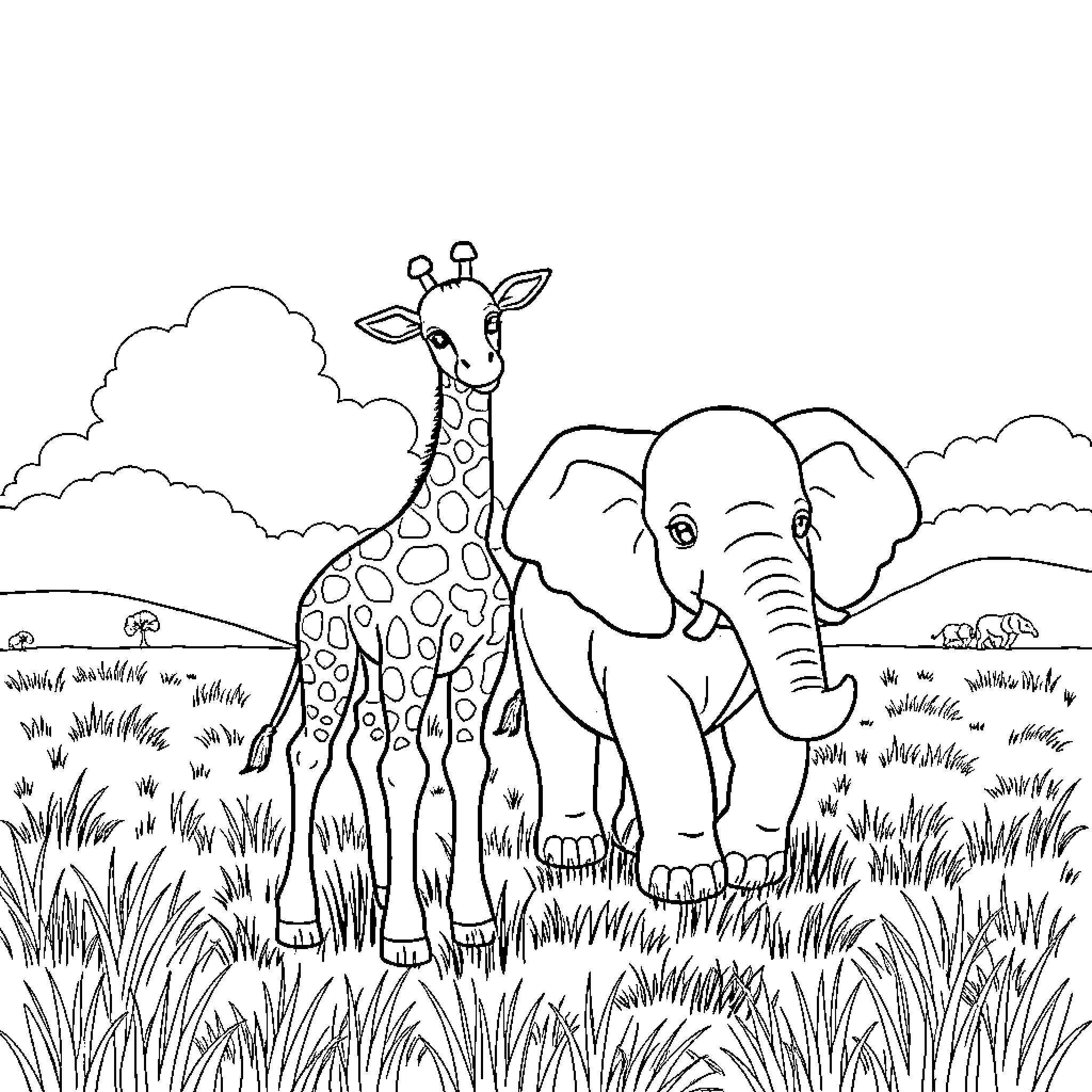 Giraffe and Elephant in Serene Grassland Coloring Page (free black-and-white line drawing printable PDF for all, from beginners to advanced learners, including children, teens, adults, and seniors)