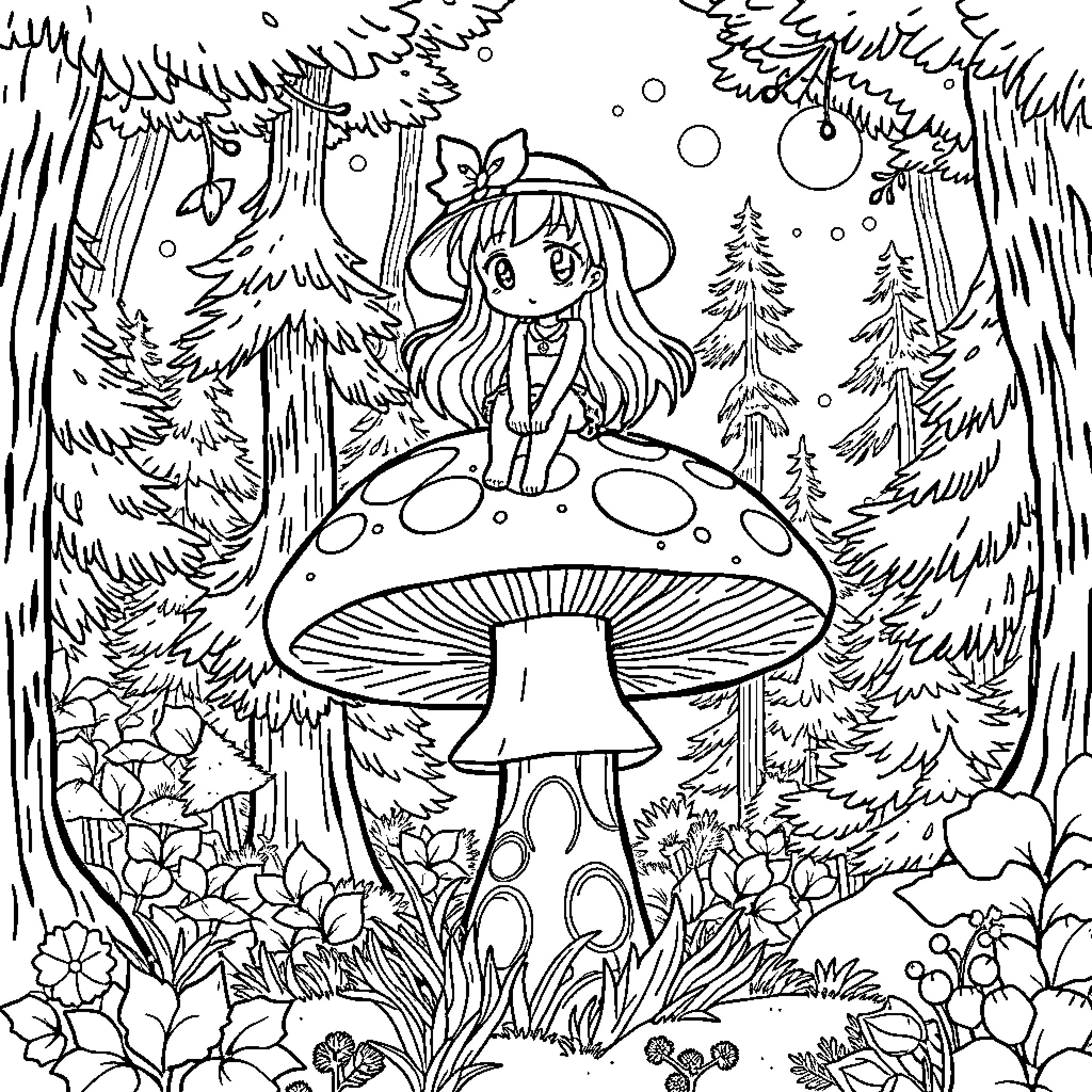 Nami enjoying a fantasy forest scene Coloring Page (free black-and-white line drawing printable PDF for all, from beginners to advanced learners, including children, teens, adults, and seniors)