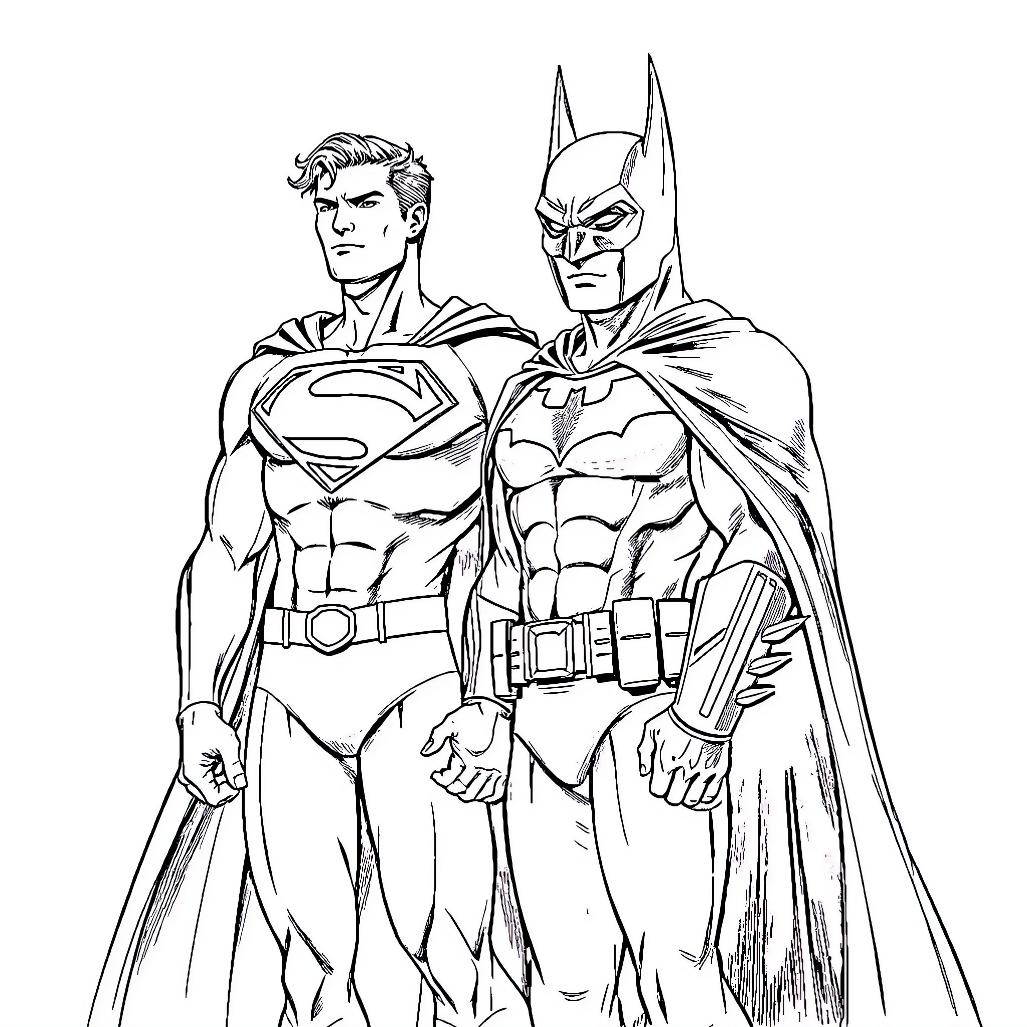 Superman and Batman in action-packed stance Coloring Page (free black-and-white line drawing printable PDF for all, from beginners to advanced learners, including children, teens, adults, and seniors)