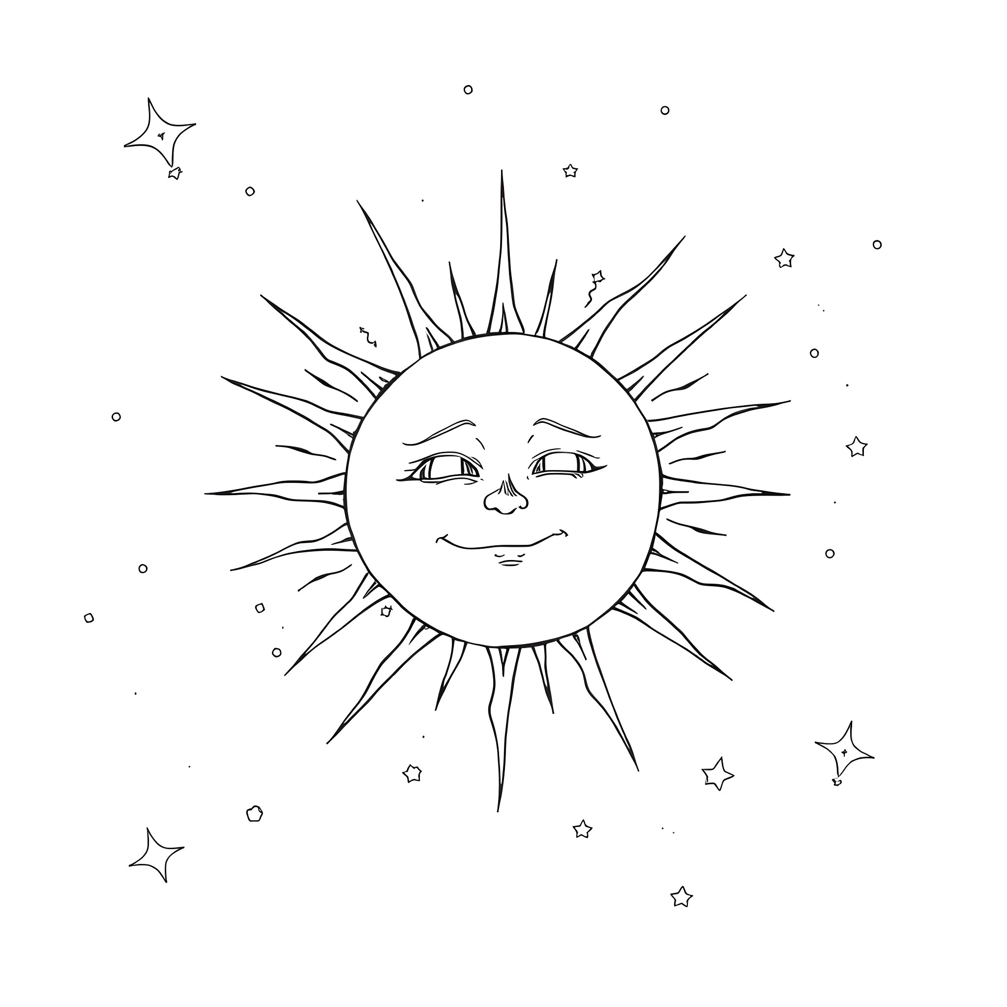 Sun's Happy Expressions in Starry Night Coloring Page (free black-and-white line drawing printable PDF for all, from beginners to advanced learners, including children, teens, adults, and seniors)