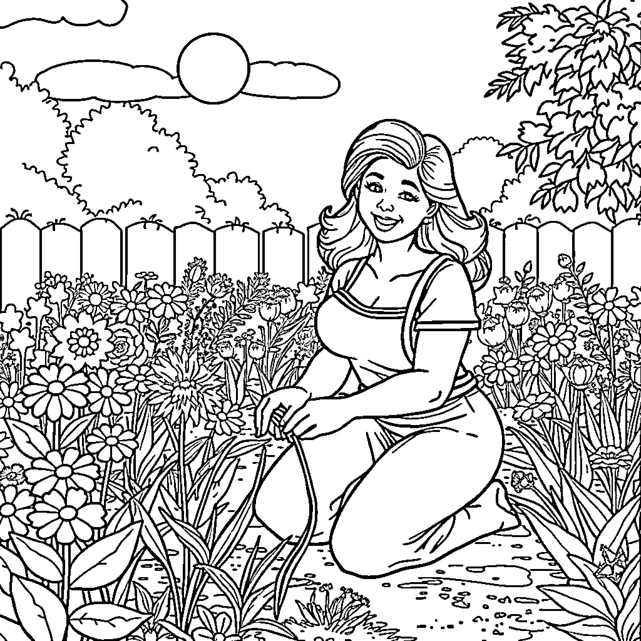 Mom enjoys nature's beauty in peaceful garden Coloring Page (free black-and-white line drawing printable PDF for all, from beginners to advanced learners, including children, teens, adults, and seniors)