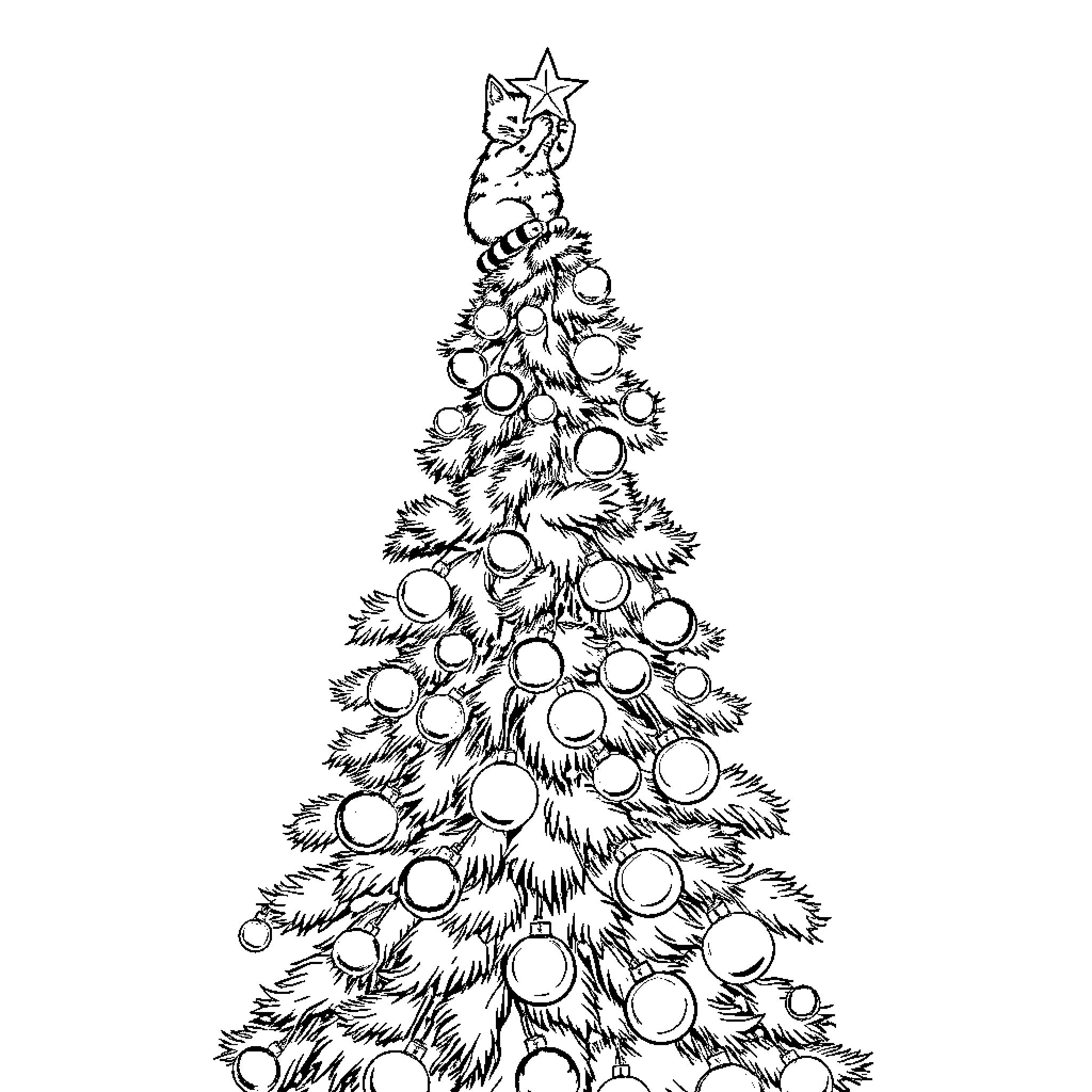 Cat decorating a Christmas tree Coloring Page (free black-and-white line drawing printable PDF for all, from beginners to advanced learners, including children, teens, adults, and seniors)