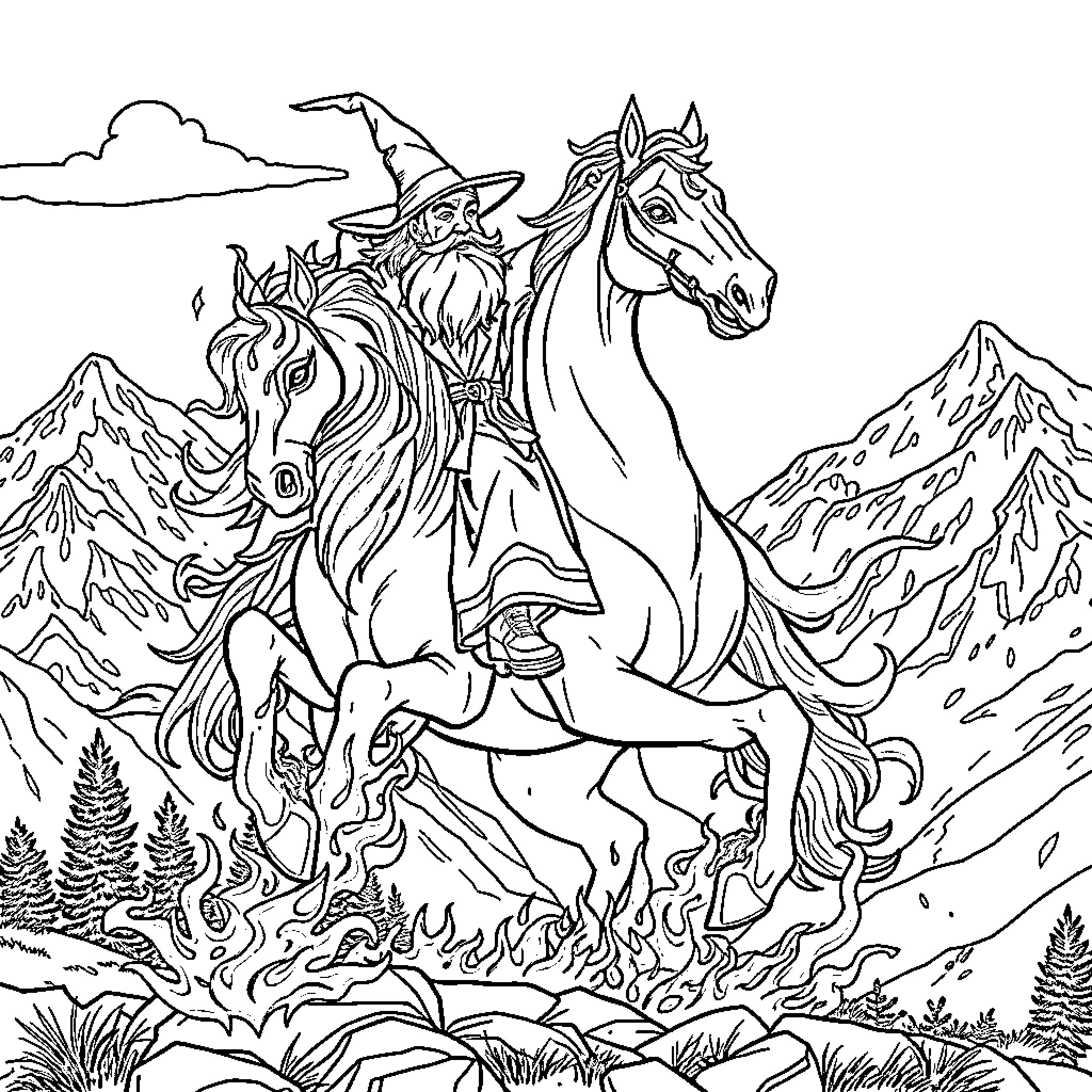 Wizard riding a magical horse through the mountains Coloring Page (free black-and-white line drawing printable PDF for all, from beginners to advanced learners, including children, teens, adults, and seniors)