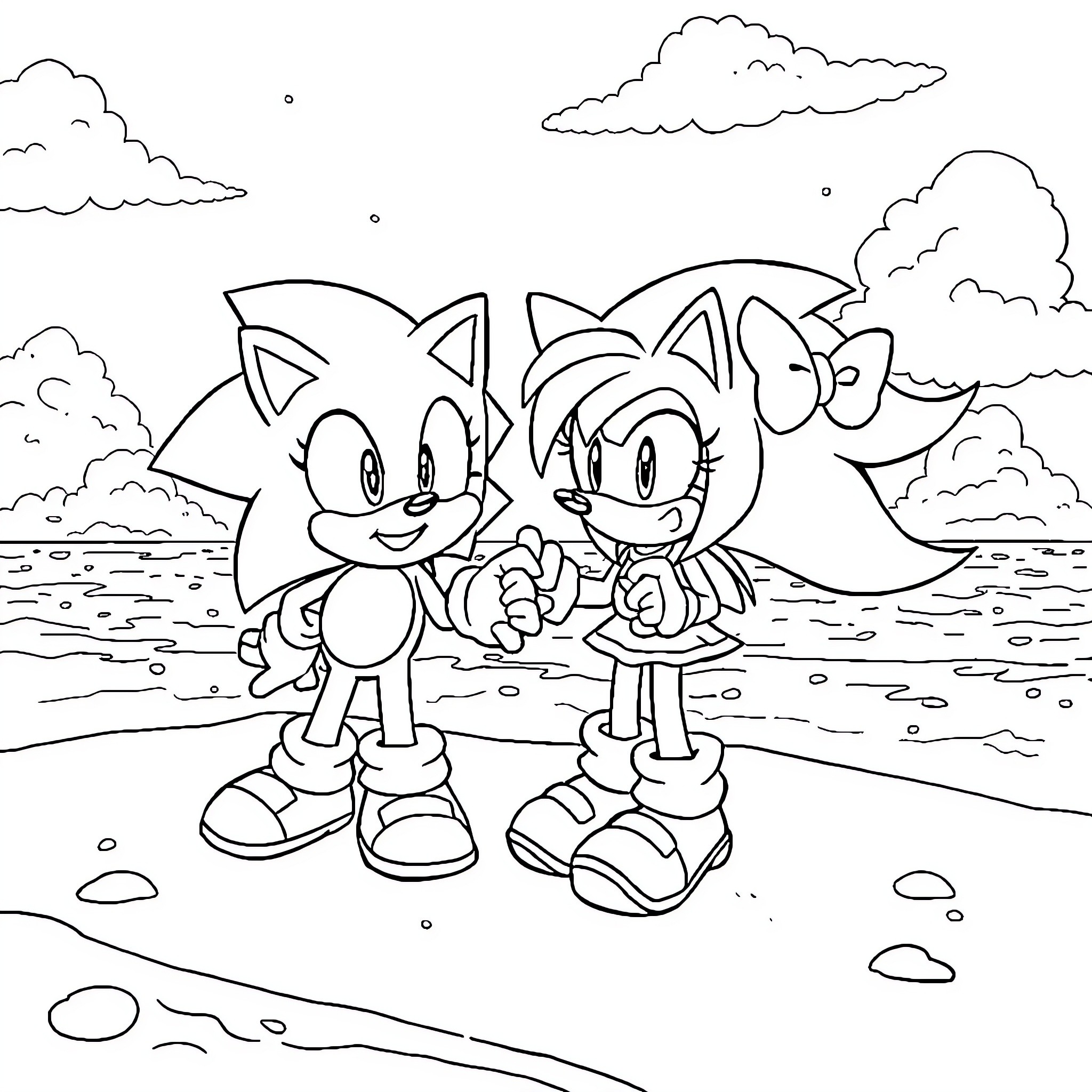 Sonic characters in a scenic outdoor setting Coloring Page (free black-and-white line drawing printable PDF for all, from beginners to advanced learners, including children, teens, adults, and seniors)