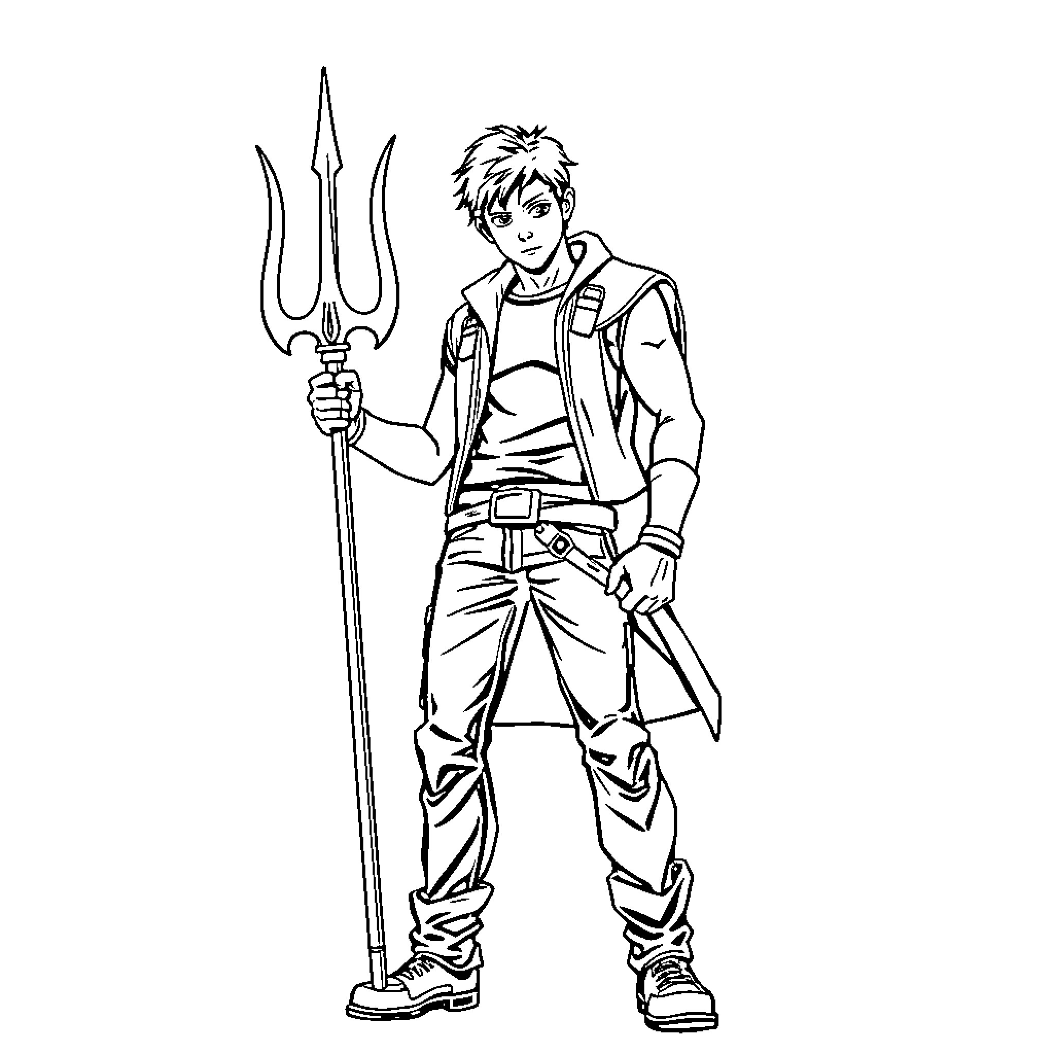 Percy Jackson wielding a trident in adventure gear Coloring Page (free black-and-white line drawing printable PDF for all, from beginners to advanced learners, including children, teens, adults, and seniors)
