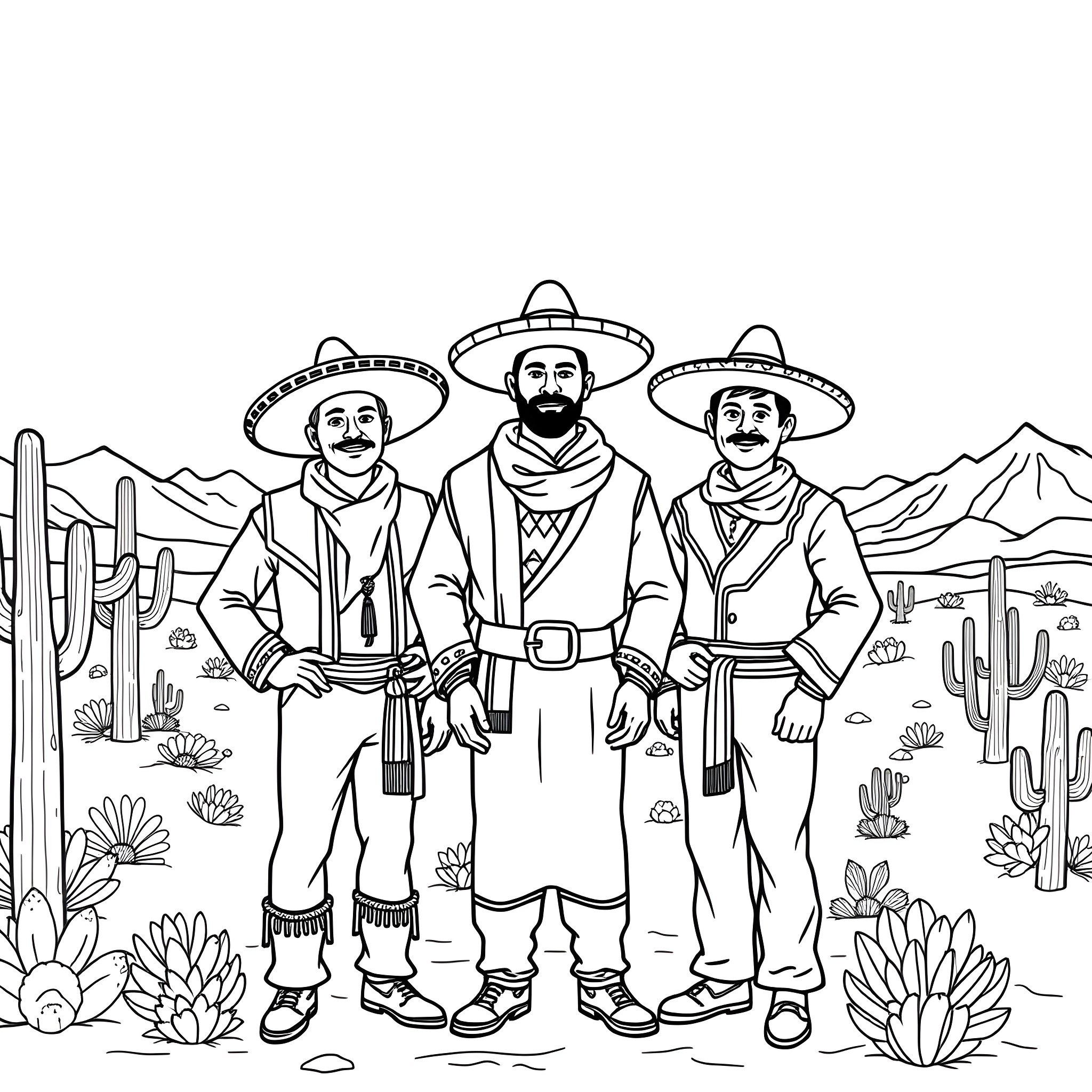 Amigo friends in the desert landscape Coloring Page (free black-and-white line drawing printable PDF for all, from beginners to advanced learners, including children, teens, adults, and seniors)