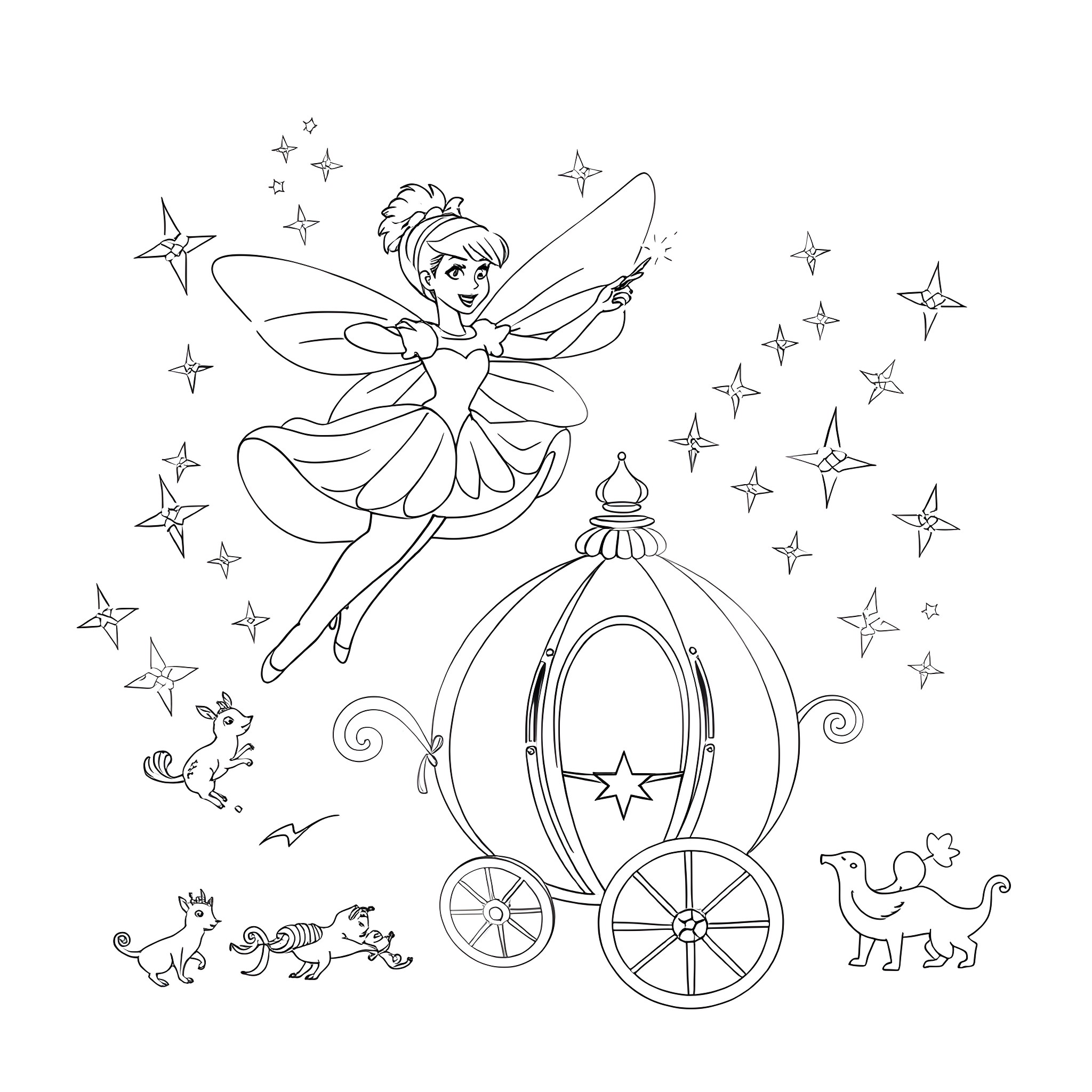 Cinderella's magical fairy tale adventure Coloring Page (free black-and-white line drawing printable PDF for all, from beginners to advanced learners, including children, teens, adults, and seniors)