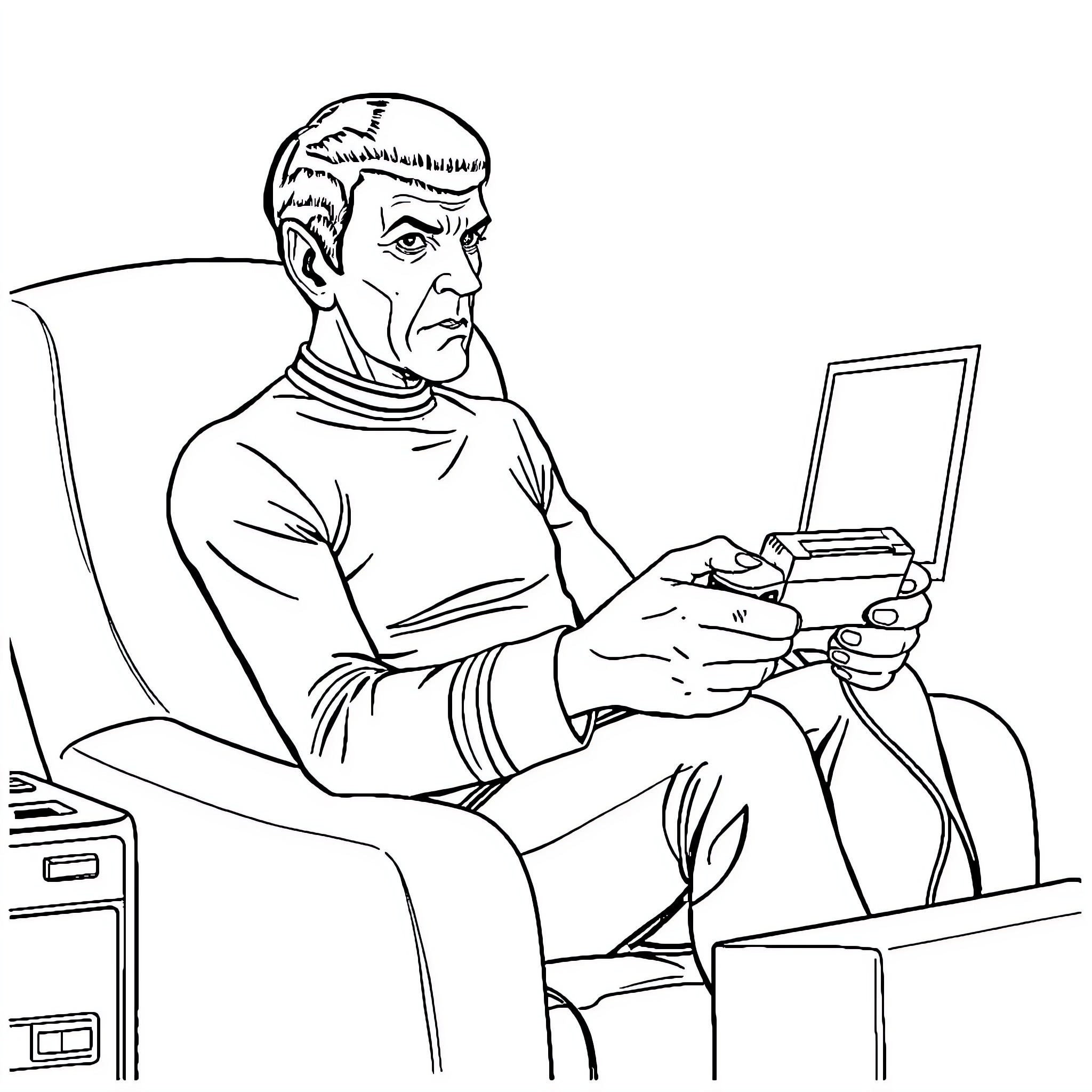 Spock playing video game on a computer Coloring Page (free black-and-white line drawing printable PDF for all, from beginners to advanced learners, including children, teens, adults, and seniors)
