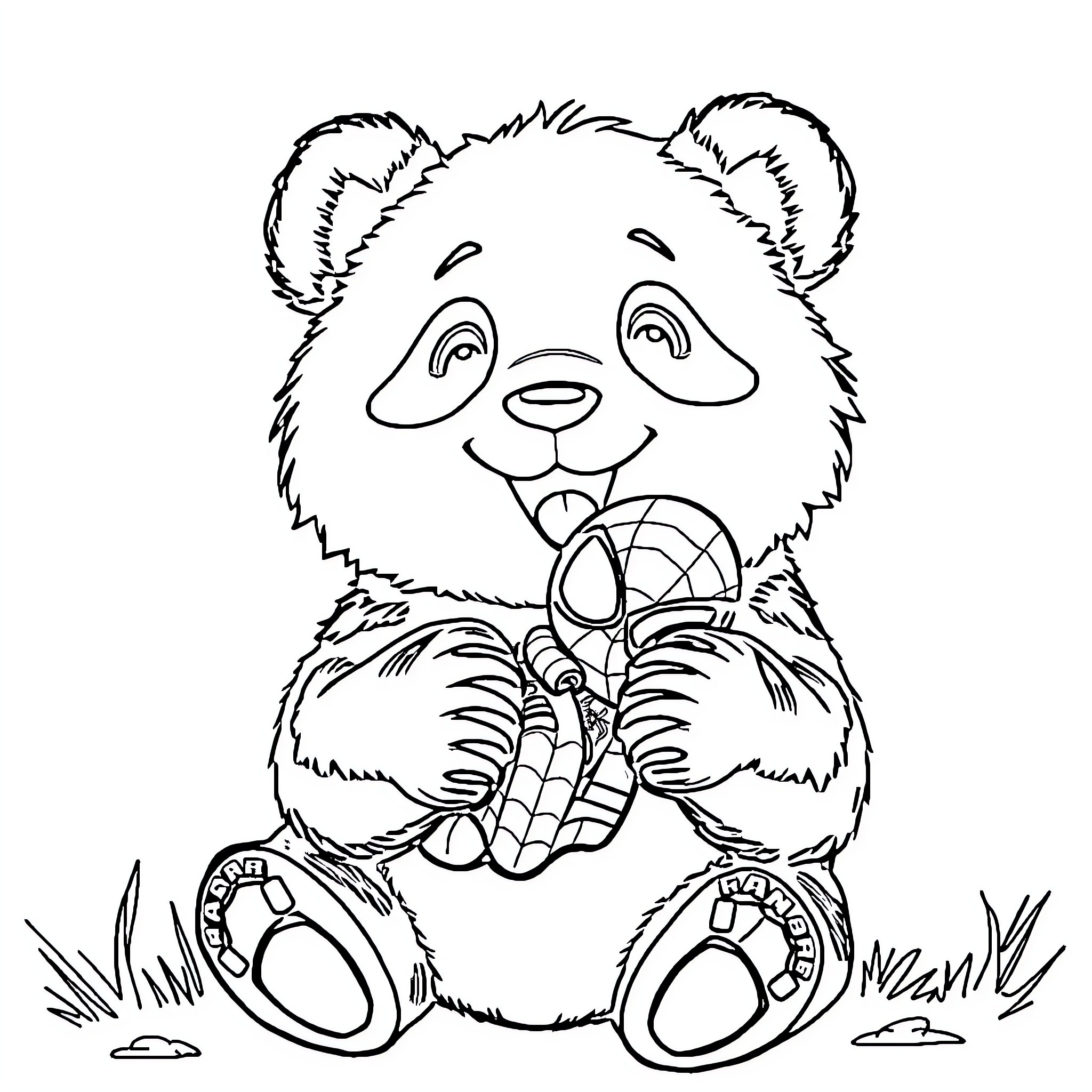 Panda playing with a toy in the grass Coloring Page (free black-and-white line drawing printable PDF for all, from beginners to advanced learners, including children, teens, adults, and seniors)