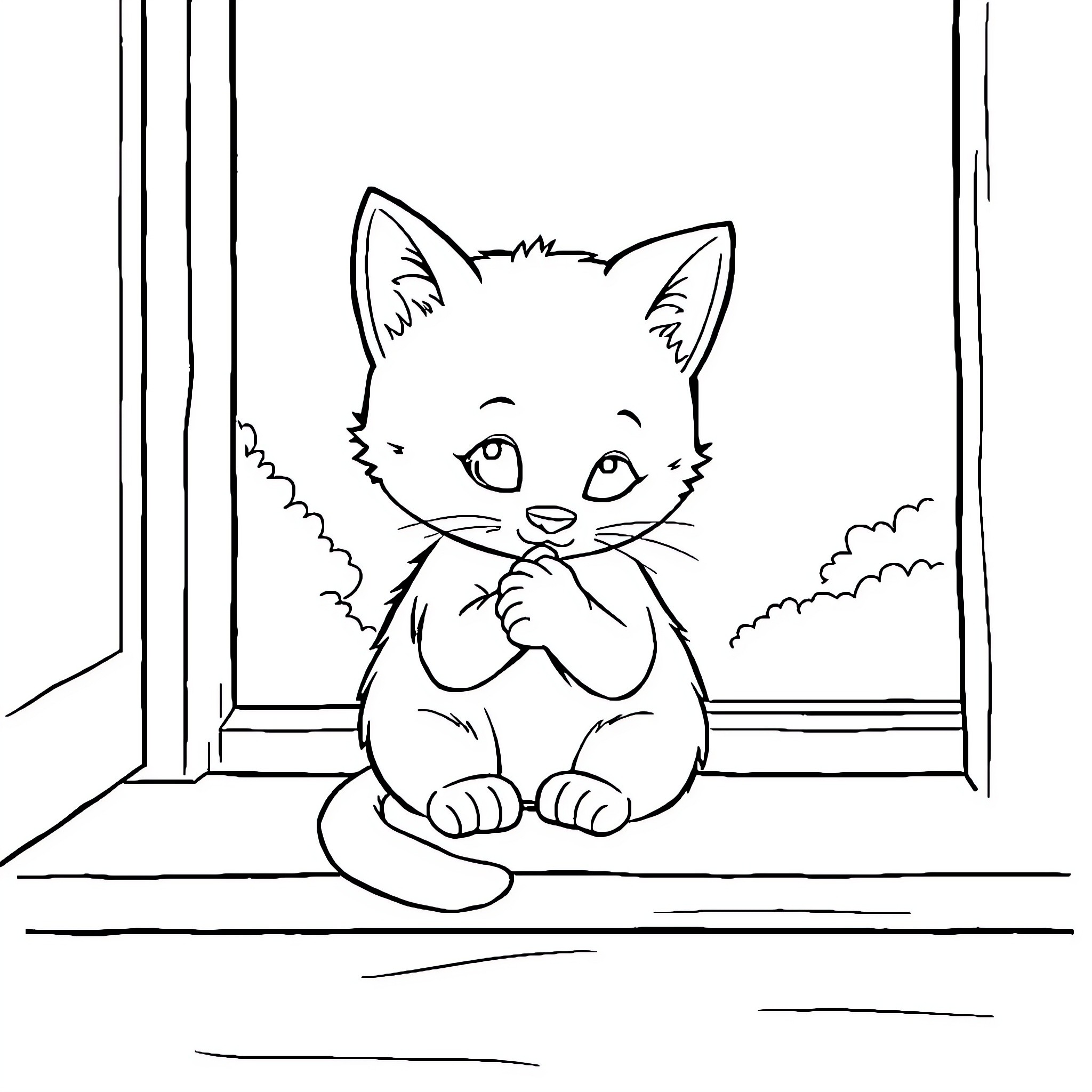 Cat peering curiously through window Coloring Page (free black-and-white line drawing printable PDF for all, from beginners to advanced learners, including children, teens, adults, and seniors)