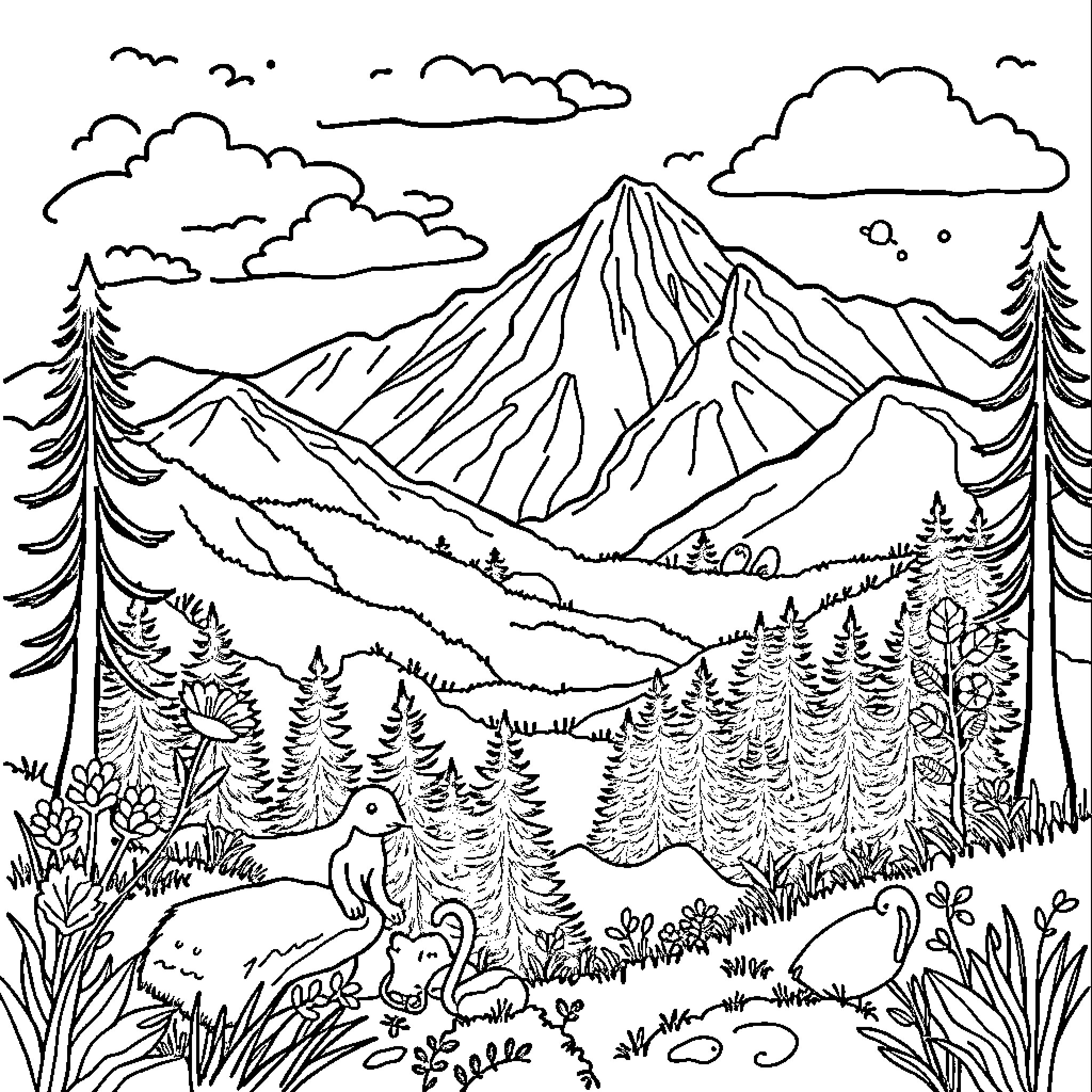 Nature's Wondrous Landscape: A Mountainous Wonderland Coloring Page (free black-and-white line drawing printable PDF for all, from beginners to advanced learners, including children, teens, adults, and seniors)