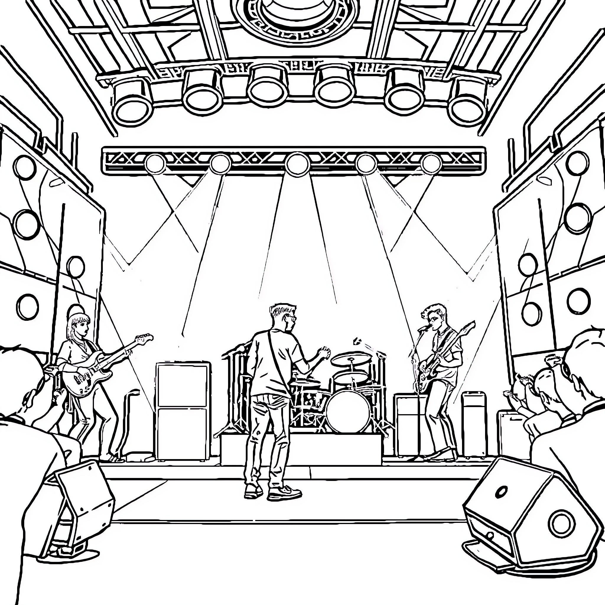 Music Group Performing on Stage with Instruments Coloring Page (free black-and-white line drawing printable PDF for all, from beginners to advanced learners, including children, teens, adults, and seniors)