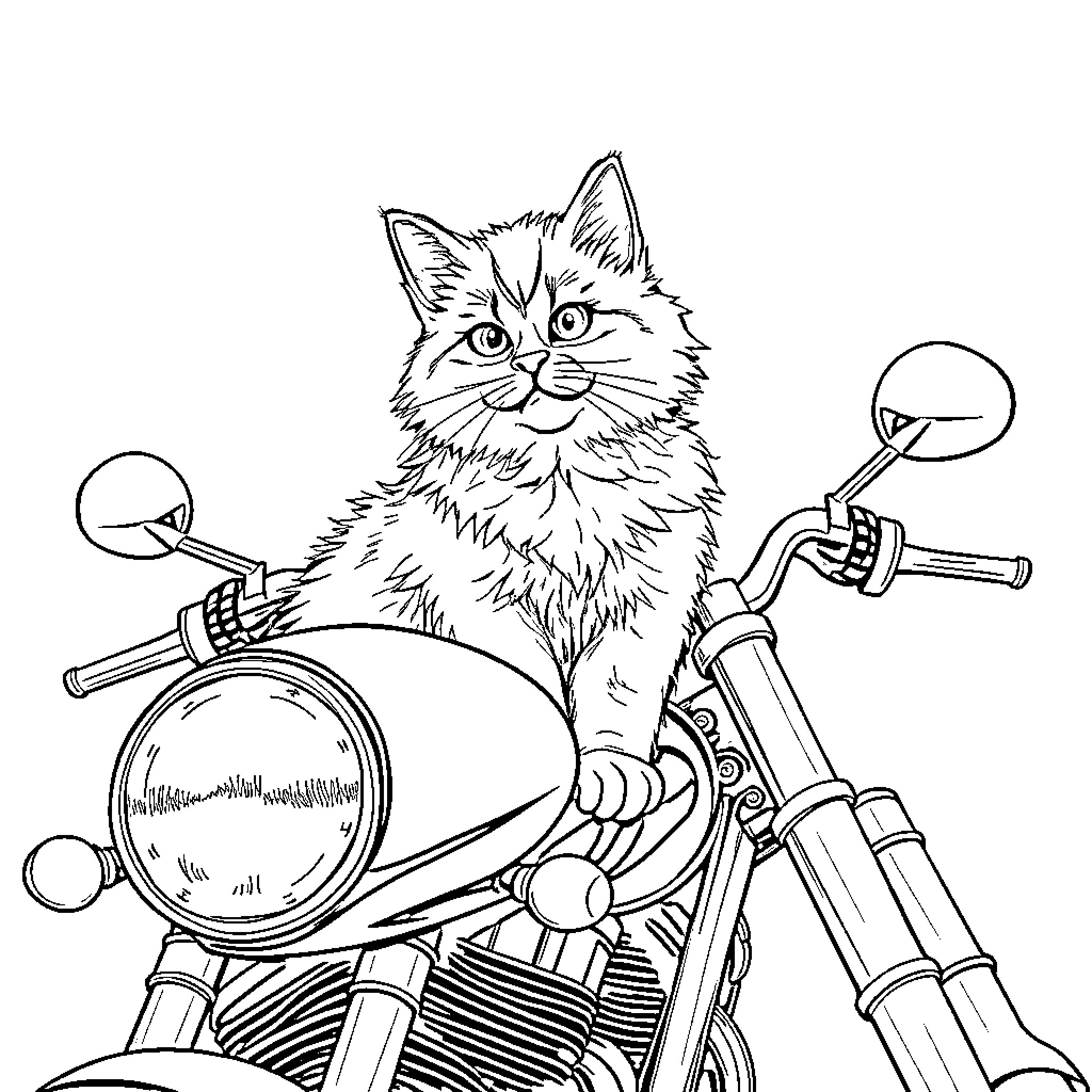 Cat riding a motorcycle in style Coloring Page (free black-and-white line drawing printable PDF for all, from beginners to advanced learners, including children, teens, adults, and seniors)