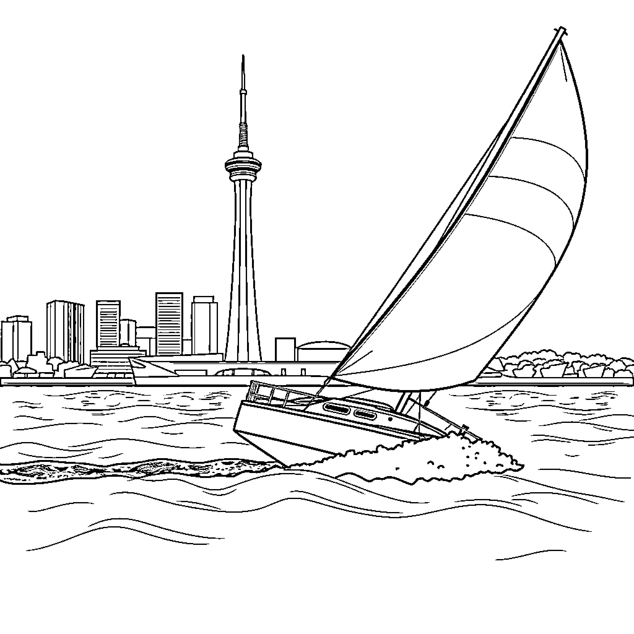 Sailboat navigating the city skyline Coloring Page (free black-and-white line drawing printable PDF for all, from beginners to advanced learners, including children, teens, adults, and seniors)