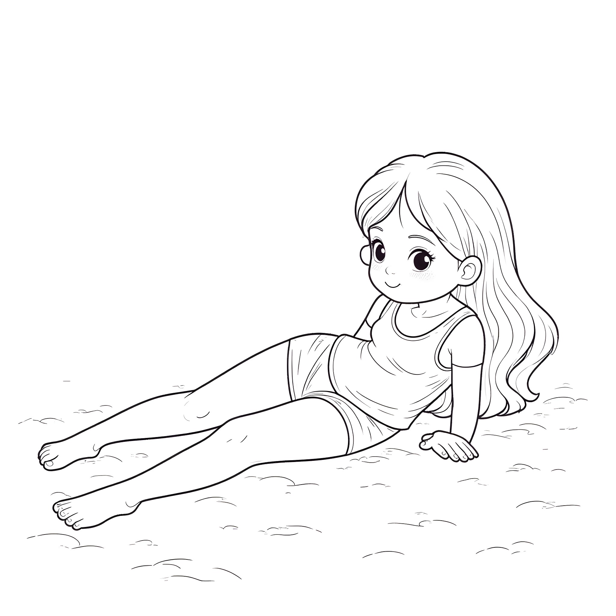 Girl relaxing peacefully on the ground Coloring Page (free black-and-white line drawing printable PDF for all, from beginners to advanced learners, including children, teens, adults, and seniors)