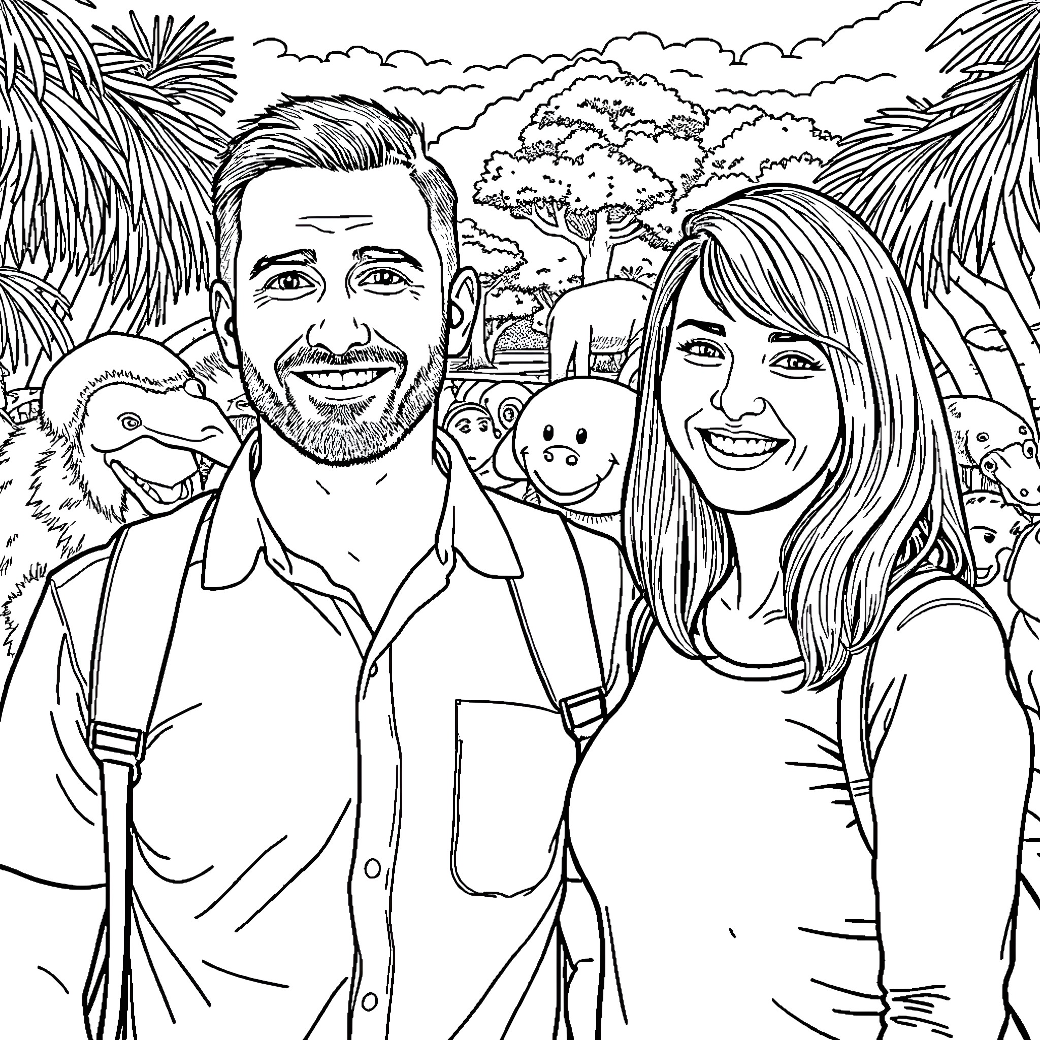 Man and Woman Posing with Animals in Tropical Setting Coloring Page (free black-and-white line drawing printable PDF for all, from beginners to advanced learners, including children, teens, adults, and seniors)