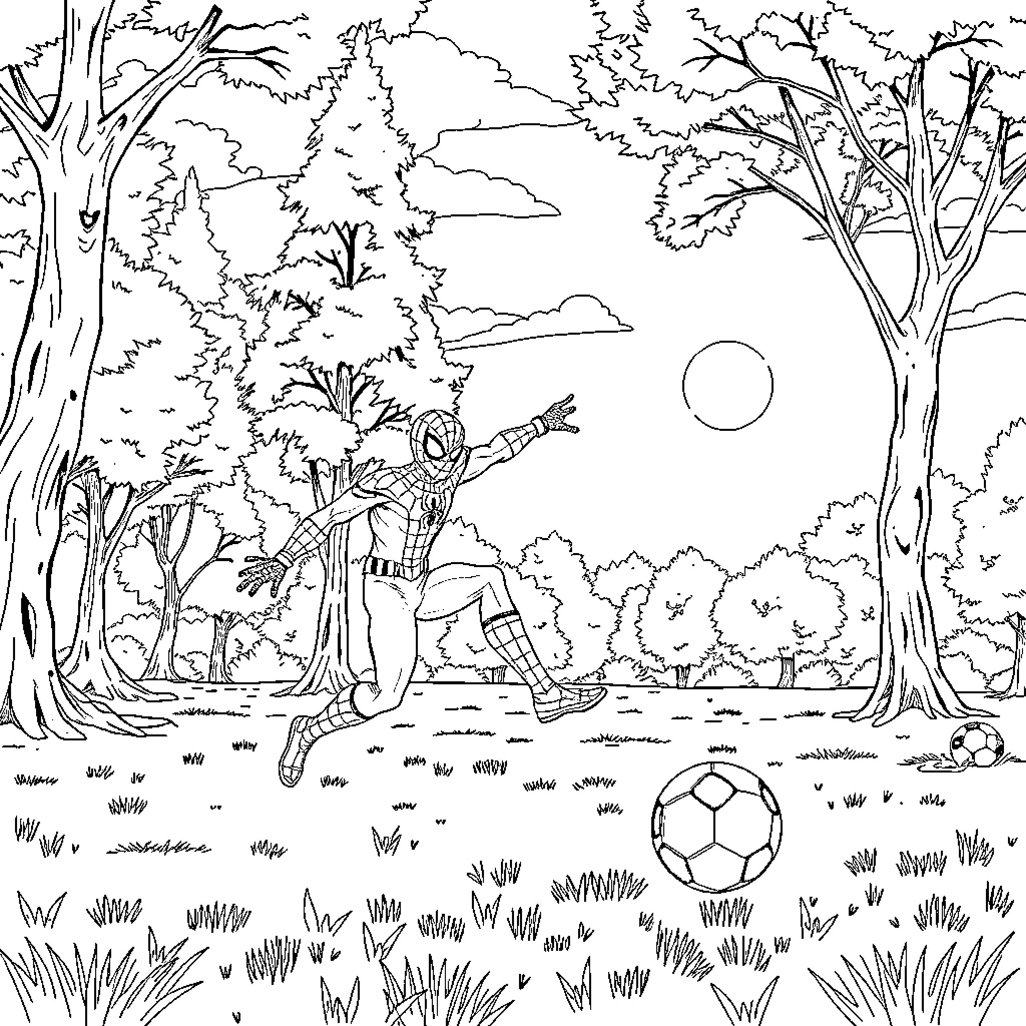 Spiderman playing soccer in the park Coloring Page (free black-and-white line drawing printable PDF for all, from beginners to advanced learners, including children, teens, adults, and seniors)