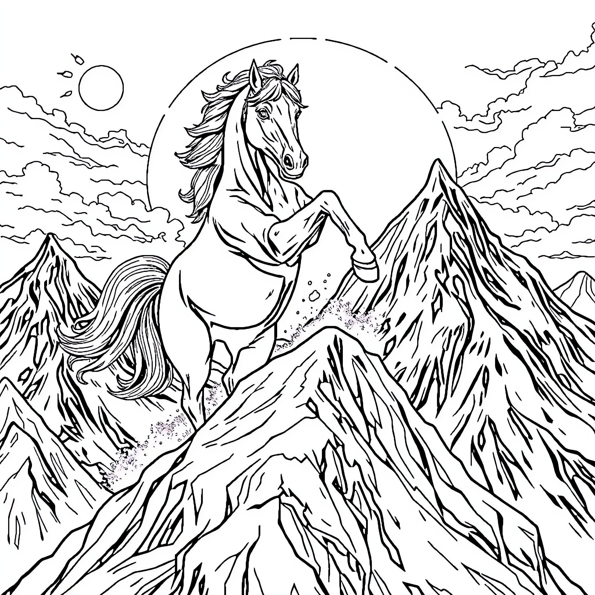 Horse galloping amidst majestic mountains Coloring Page (free black-and-white line drawing printable PDF for all, from beginners to advanced learners, including children, teens, adults, and seniors)