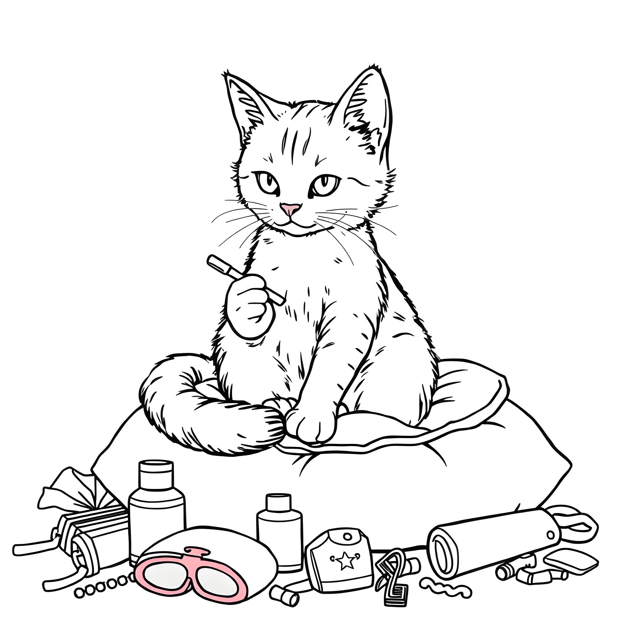 Cat playing with arts and crafts supplies Coloring Page (free black-and-white line drawing printable PDF for all, from beginners to advanced learners, including children, teens, adults, and seniors)
