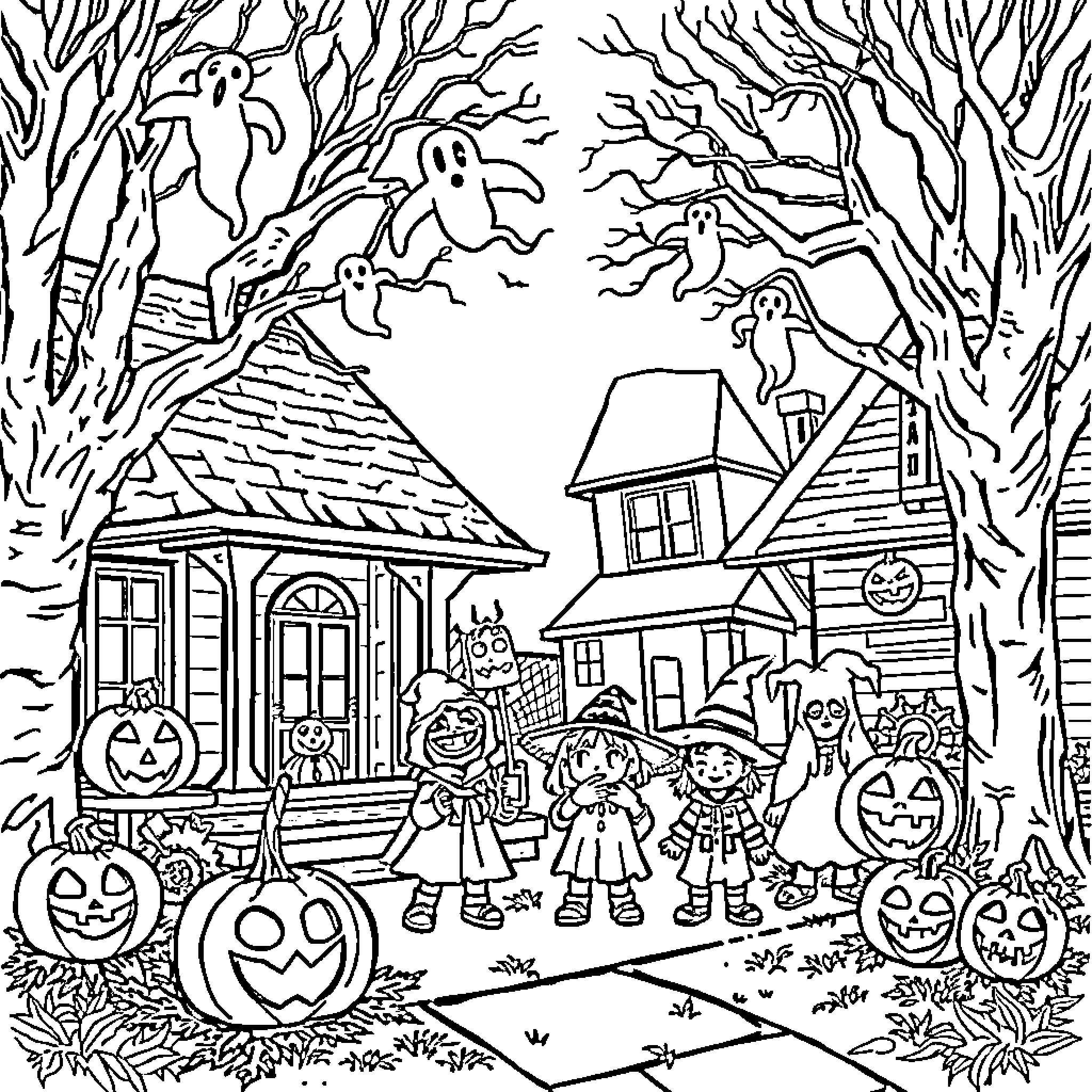 Halloween Trick-or-Treating in a Spooky Neighborhood Coloring Page (free black-and-white line drawing printable PDF for all, from beginners to advanced learners, including children, teens, adults, and seniors)
