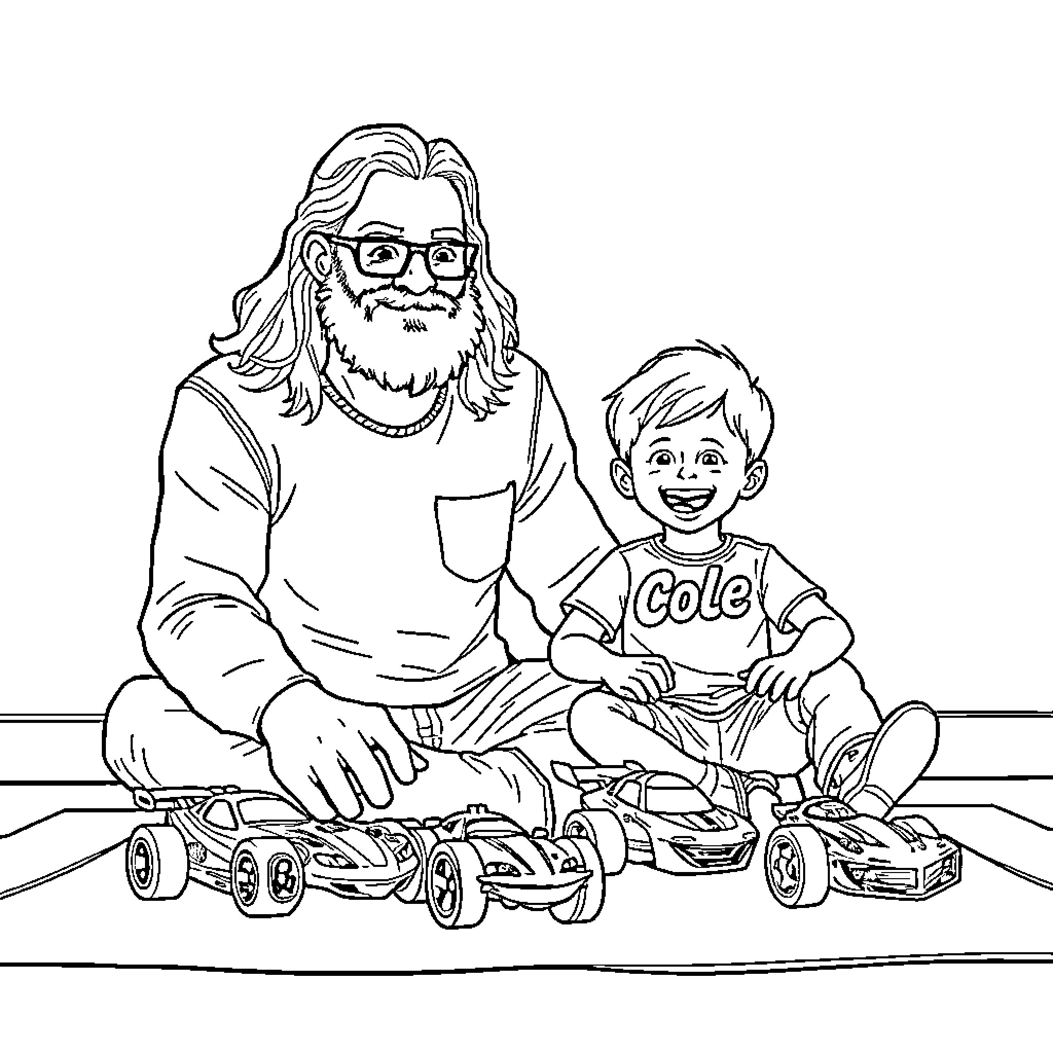 Man and boy playing with toy cars Coloring Page (free black-and-white line drawing printable PDF for all, from beginners to advanced learners, including children, teens, adults, and seniors)