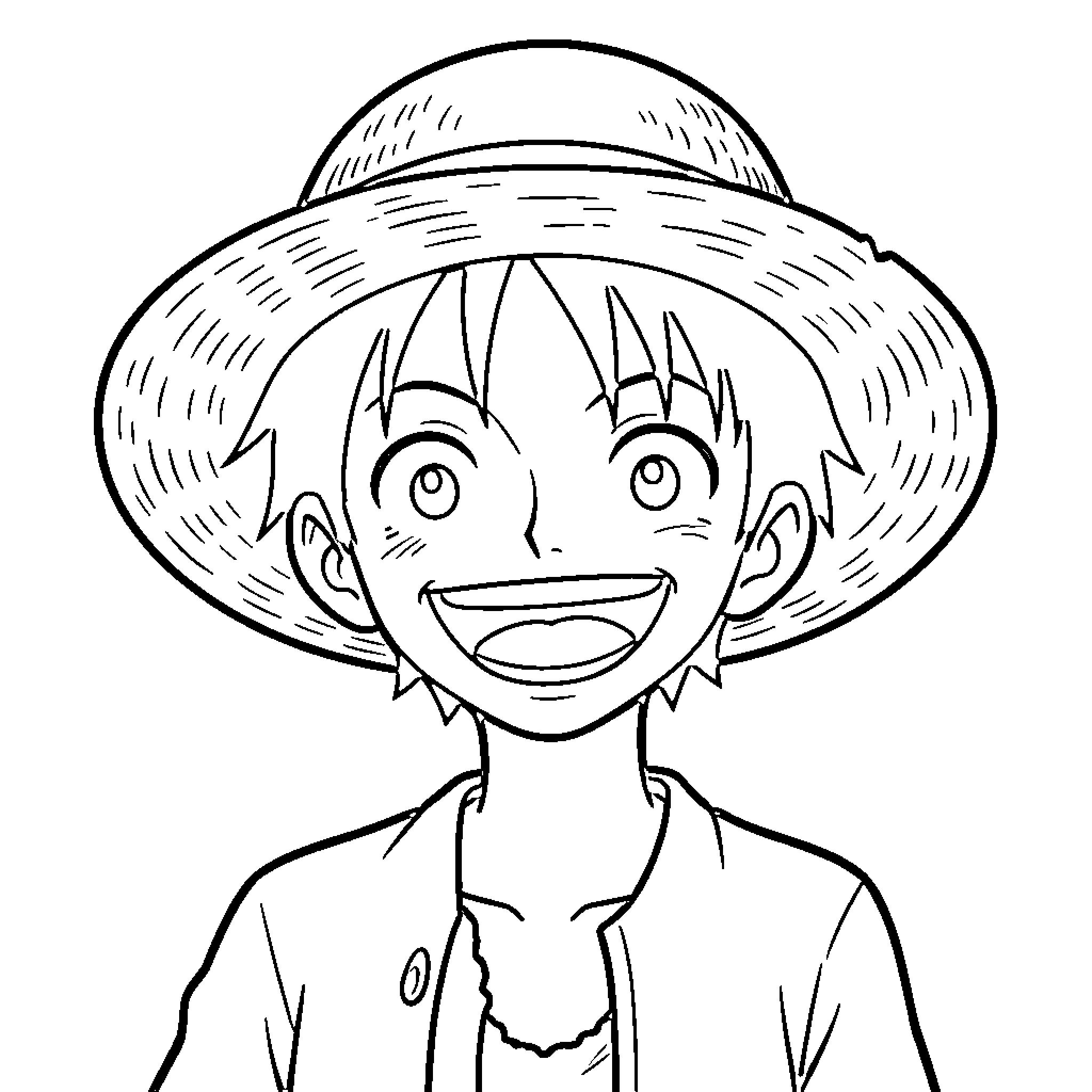 Luffy smiling widely while wearing a straw hat Coloring Page (free black-and-white line drawing printable PDF for all, from beginners to advanced learners, including children, teens, adults, and seniors)