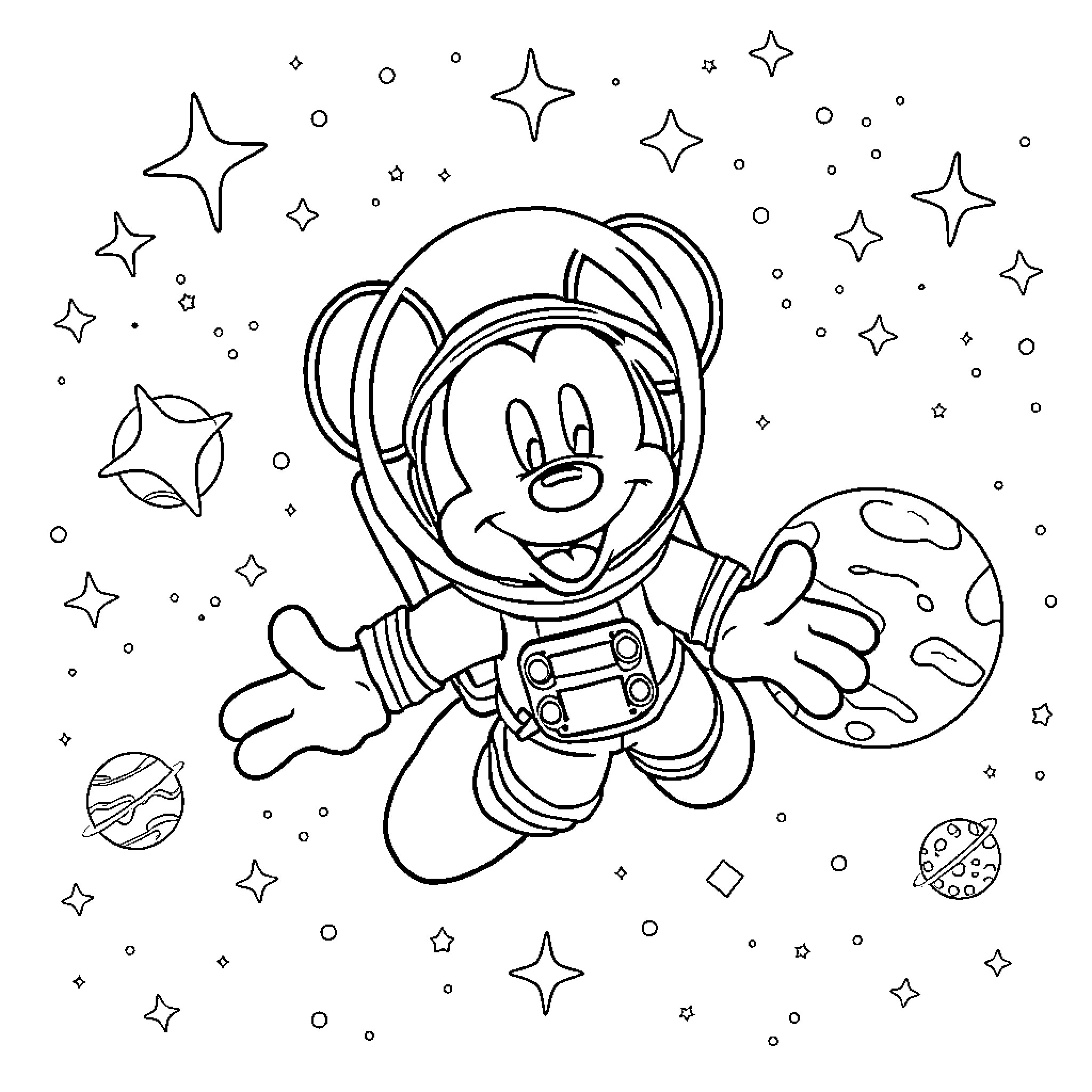 Mickey Mouse floating in space with stars Coloring Page (free black-and-white line drawing printable PDF for all, from beginners to advanced learners, including children, teens, adults, and seniors)