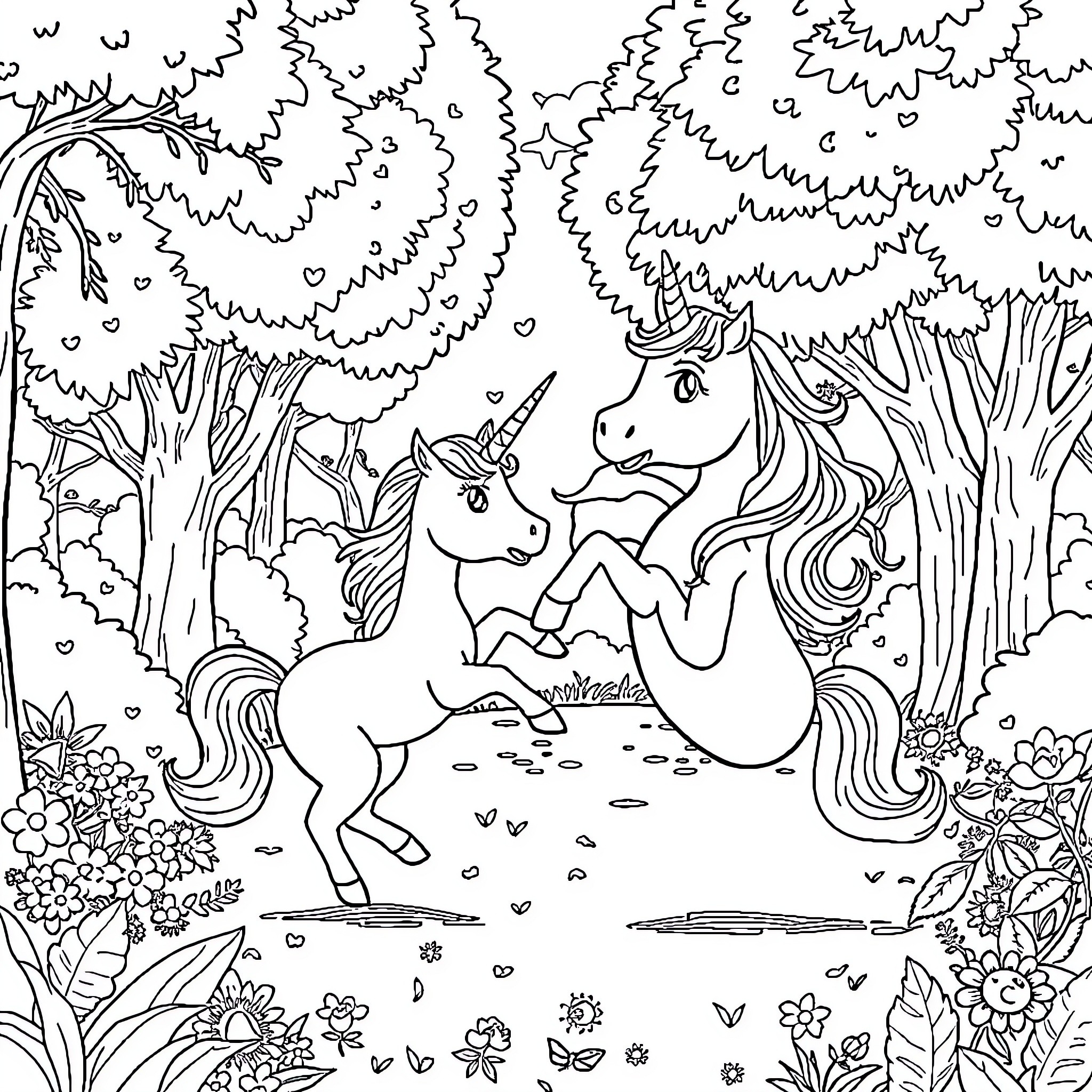Unicorn family enjoying the enchanted forest Coloring Page (free black-and-white line drawing printable PDF for all, from beginners to advanced learners, including children, teens, adults, and seniors)