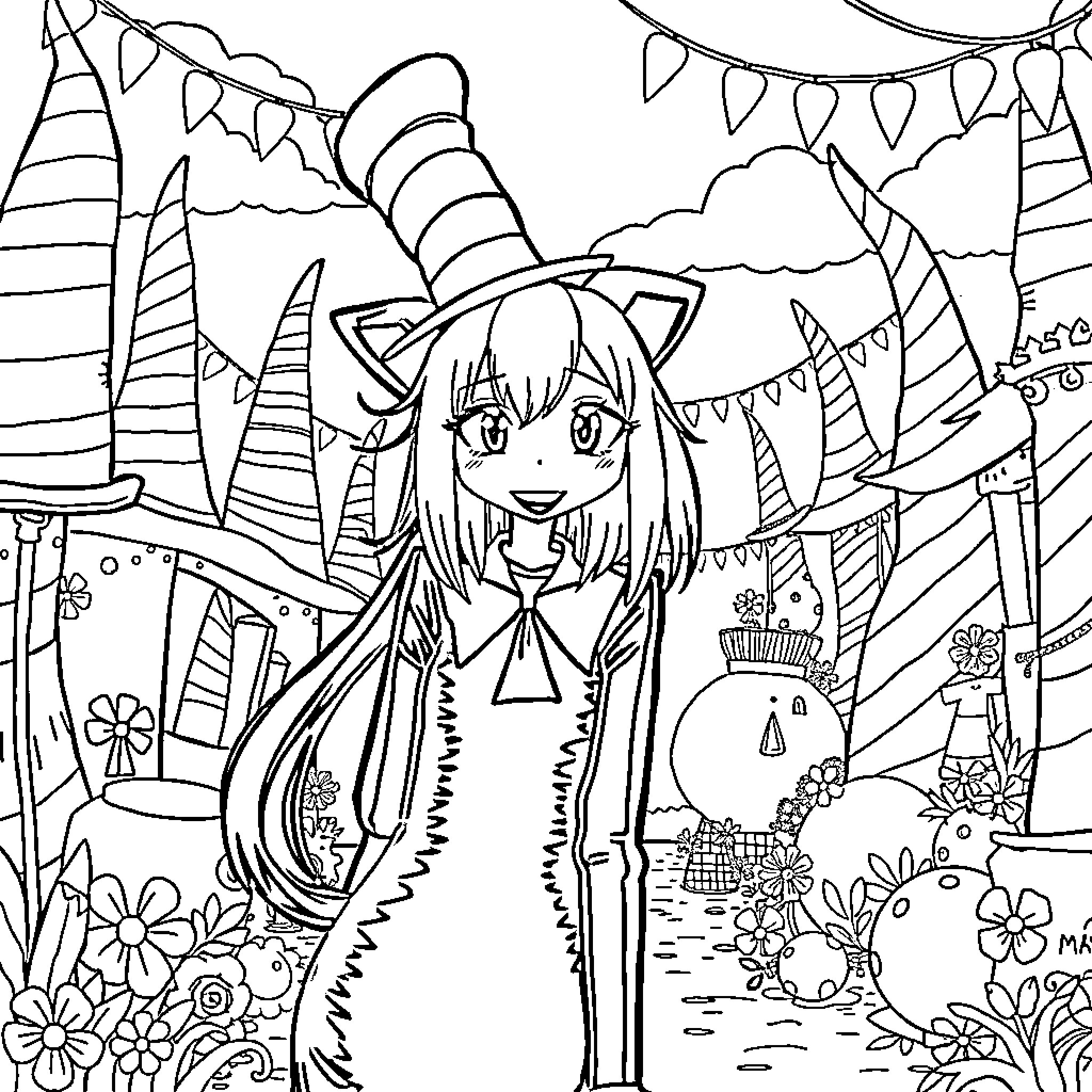 Tsunade in a whimsical carnival setting Coloring Page (free black-and-white line drawing printable PDF for all, from beginners to advanced learners, including children, teens, adults, and seniors)