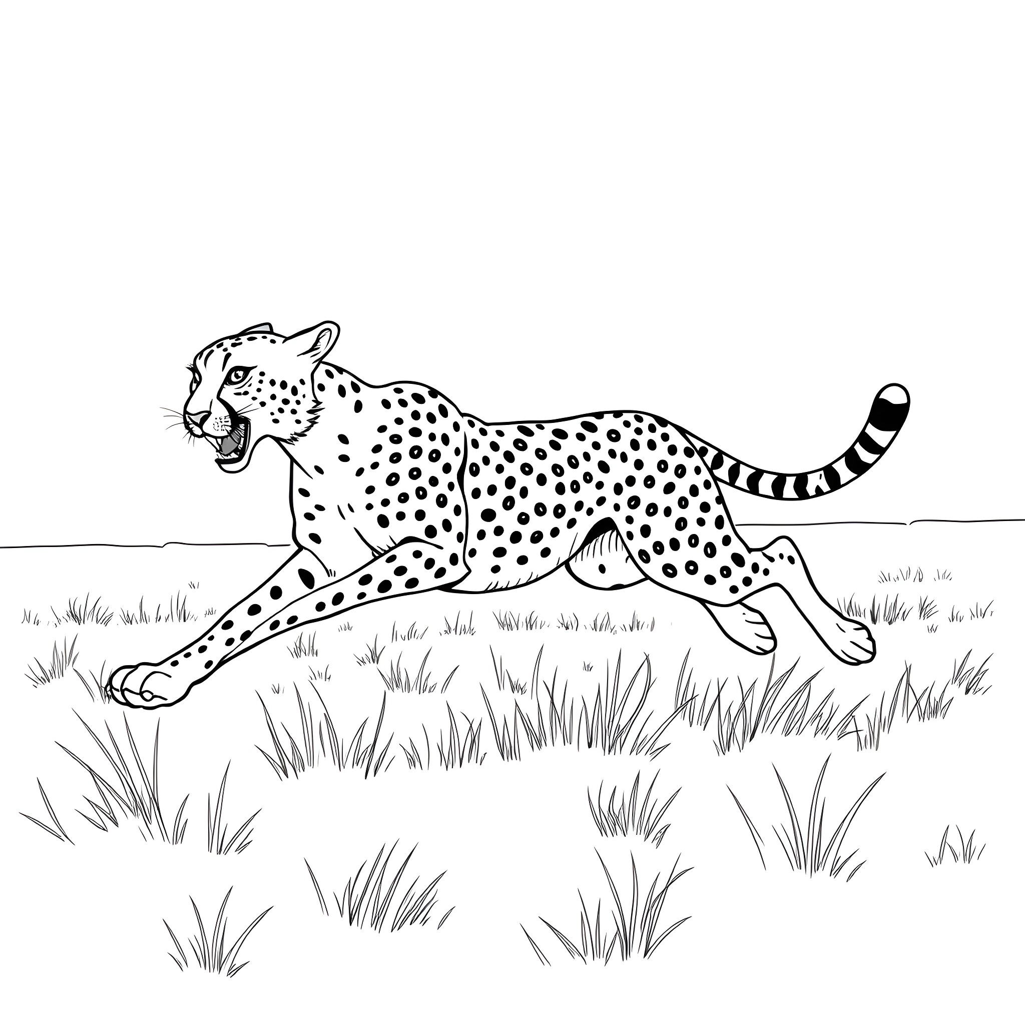 Cheetah running swiftly through the grasslands Coloring Page (free black-and-white line drawing printable PDF for all, from beginners to advanced learners, including children, teens, adults, and seniors)