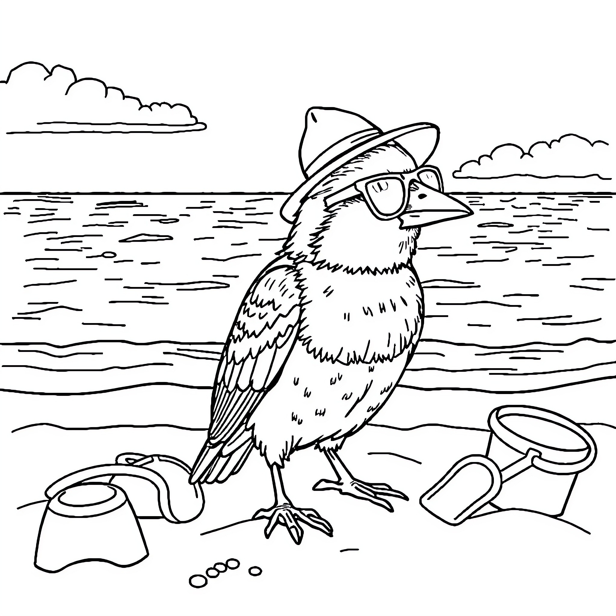 Bird enjoying beach vacation with accessories Coloring Page (free black-and-white line drawing printable PDF for all, from beginners to advanced learners, including children, teens, adults, and seniors)