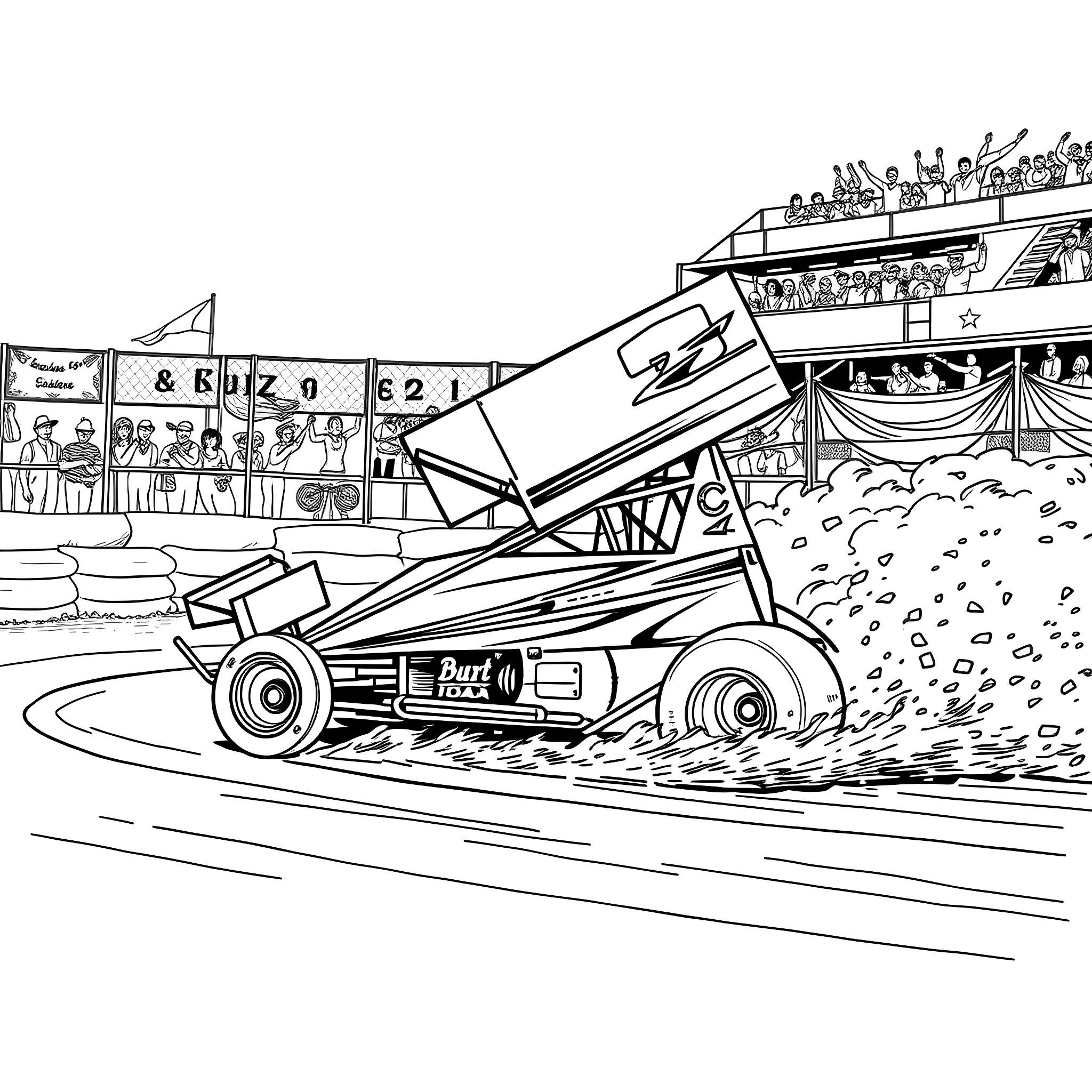 Sprint Car Racing Action at the Stadium Coloring Page (free black-and-white line drawing printable PDF for all, from beginners to advanced learners, including children, teens, adults, and seniors)