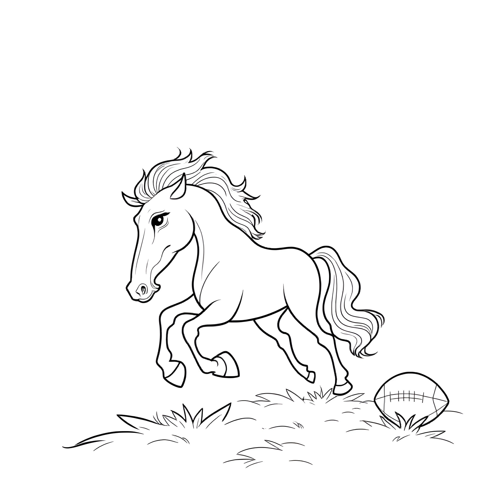 Horse galloping through a grassy field Coloring Page (free black-and-white line drawing printable PDF for all, from beginners to advanced learners, including children, teens, adults, and seniors)