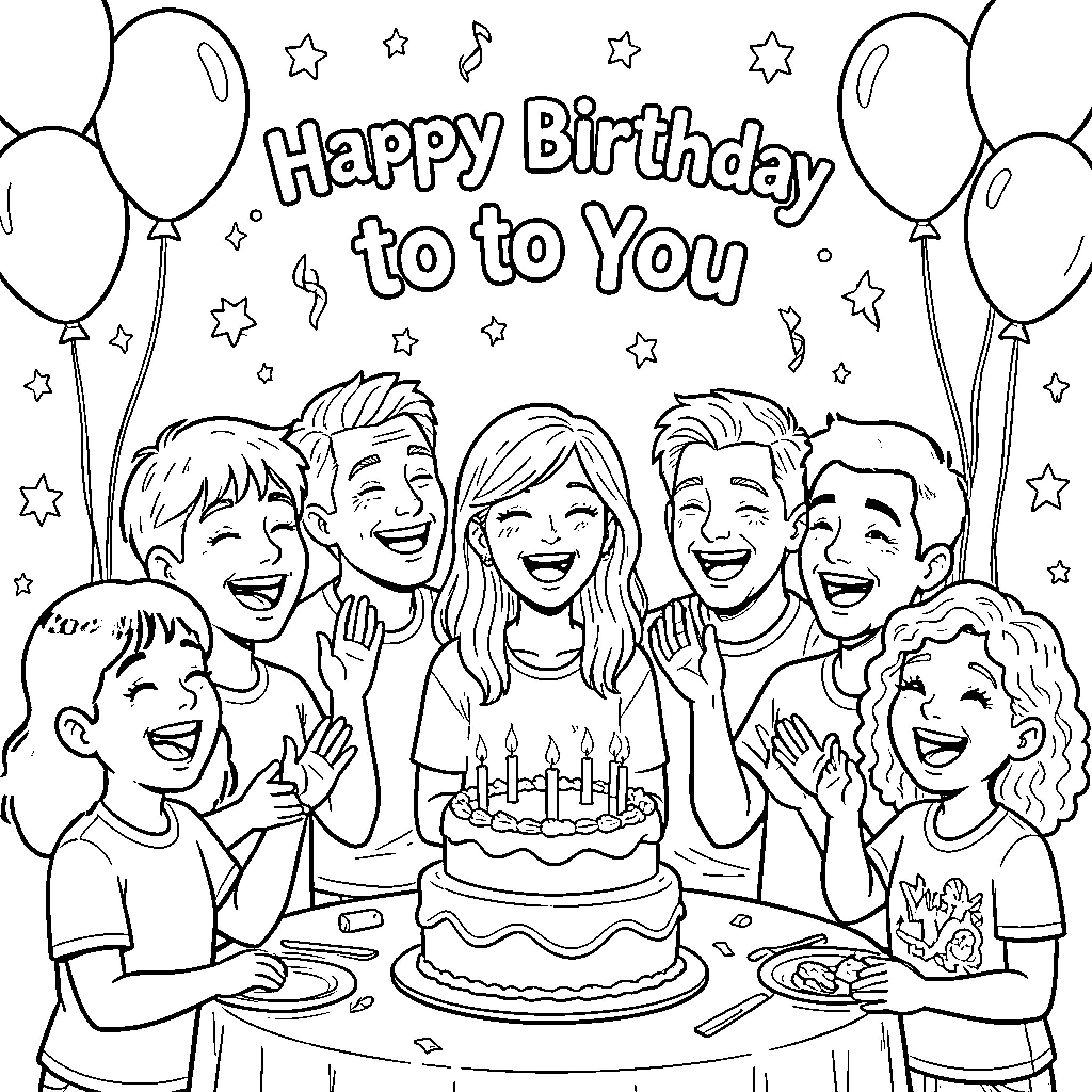 Birthday celebration with happy children around a cake Coloring Page (free black-and-white line drawing printable PDF for all, from beginners to advanced learners, including children, teens, adults, and seniors)