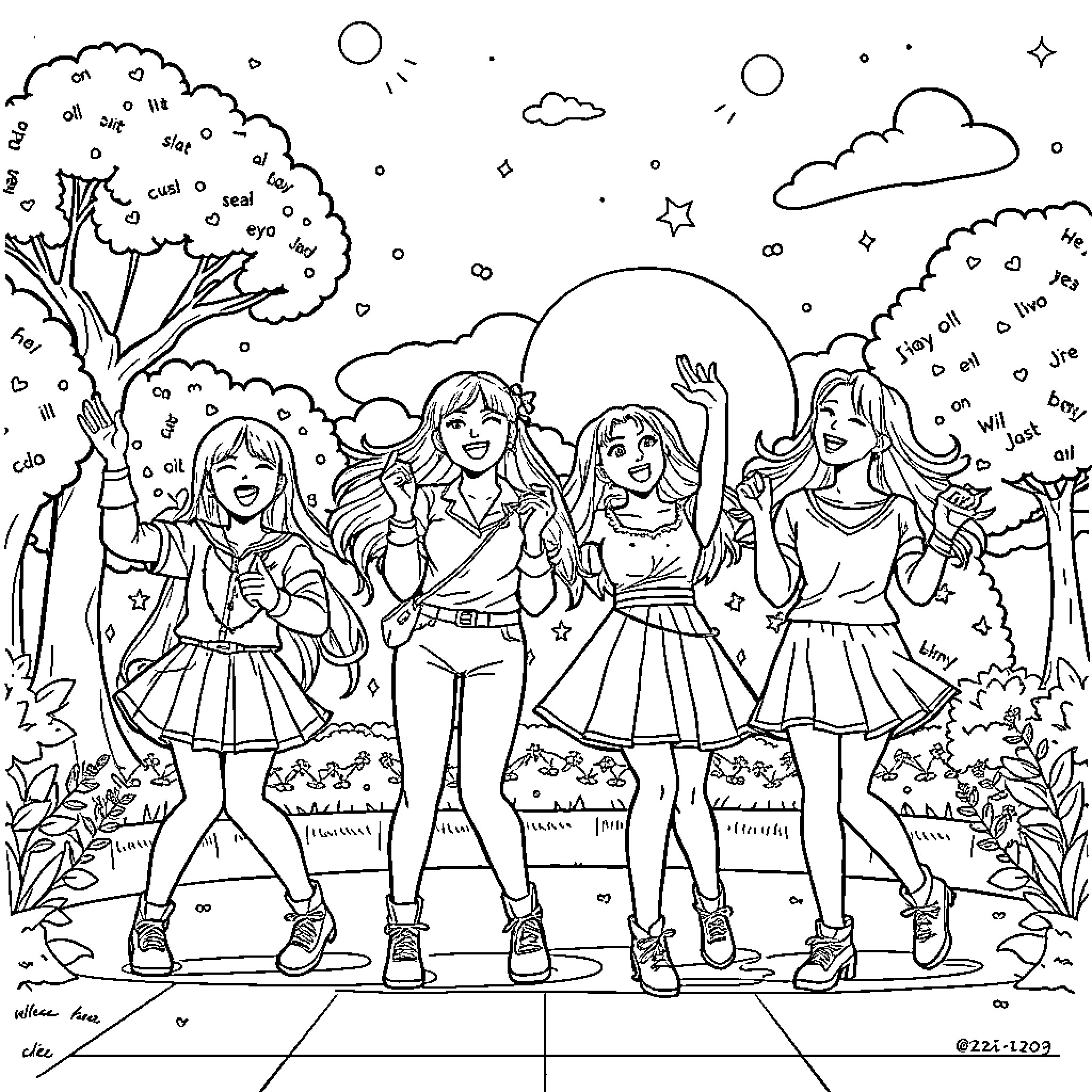 Guerrera: Four Fierce Females in Fabulous Fashion Coloring Page (free black-and-white line drawing printable PDF for all, from beginners to advanced learners, including children, teens, adults, and seniors)