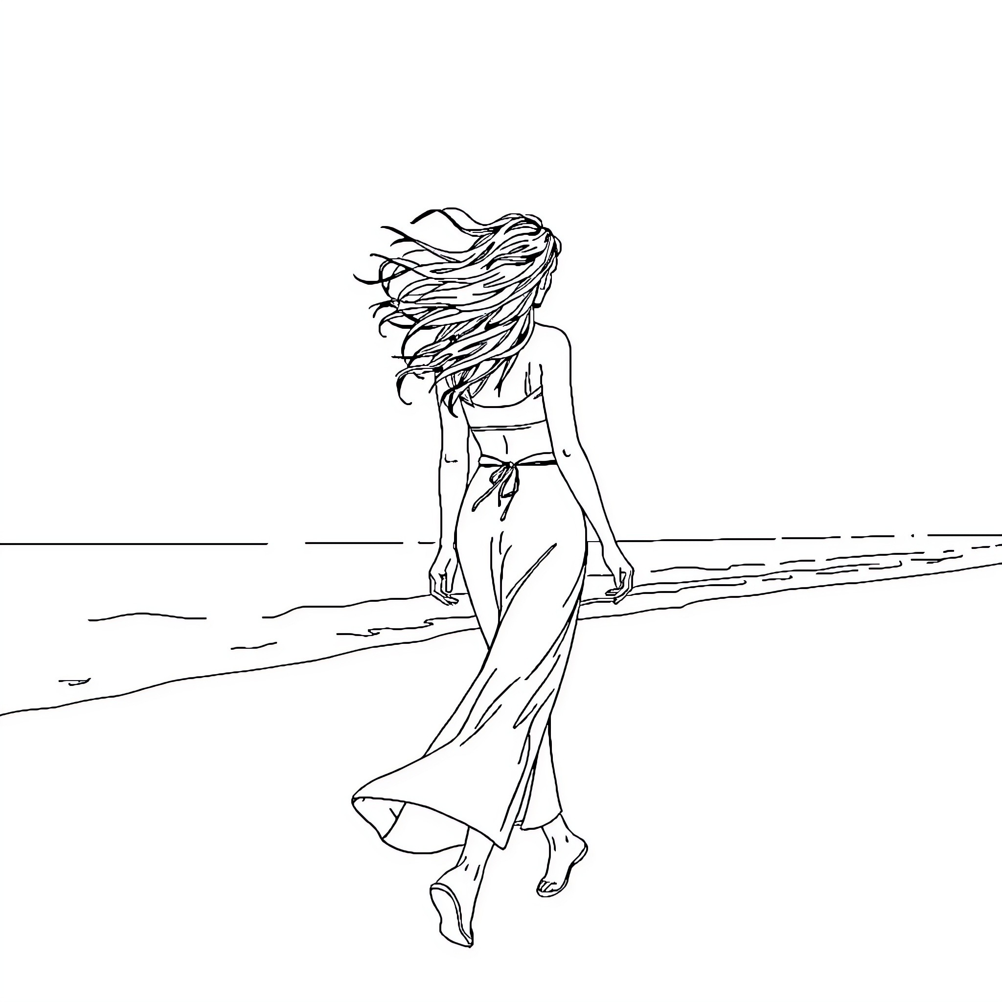 Woman walking gracefully on the beach Coloring Page (free black-and-white line drawing printable PDF for all, from beginners to advanced learners, including children, teens, adults, and seniors)