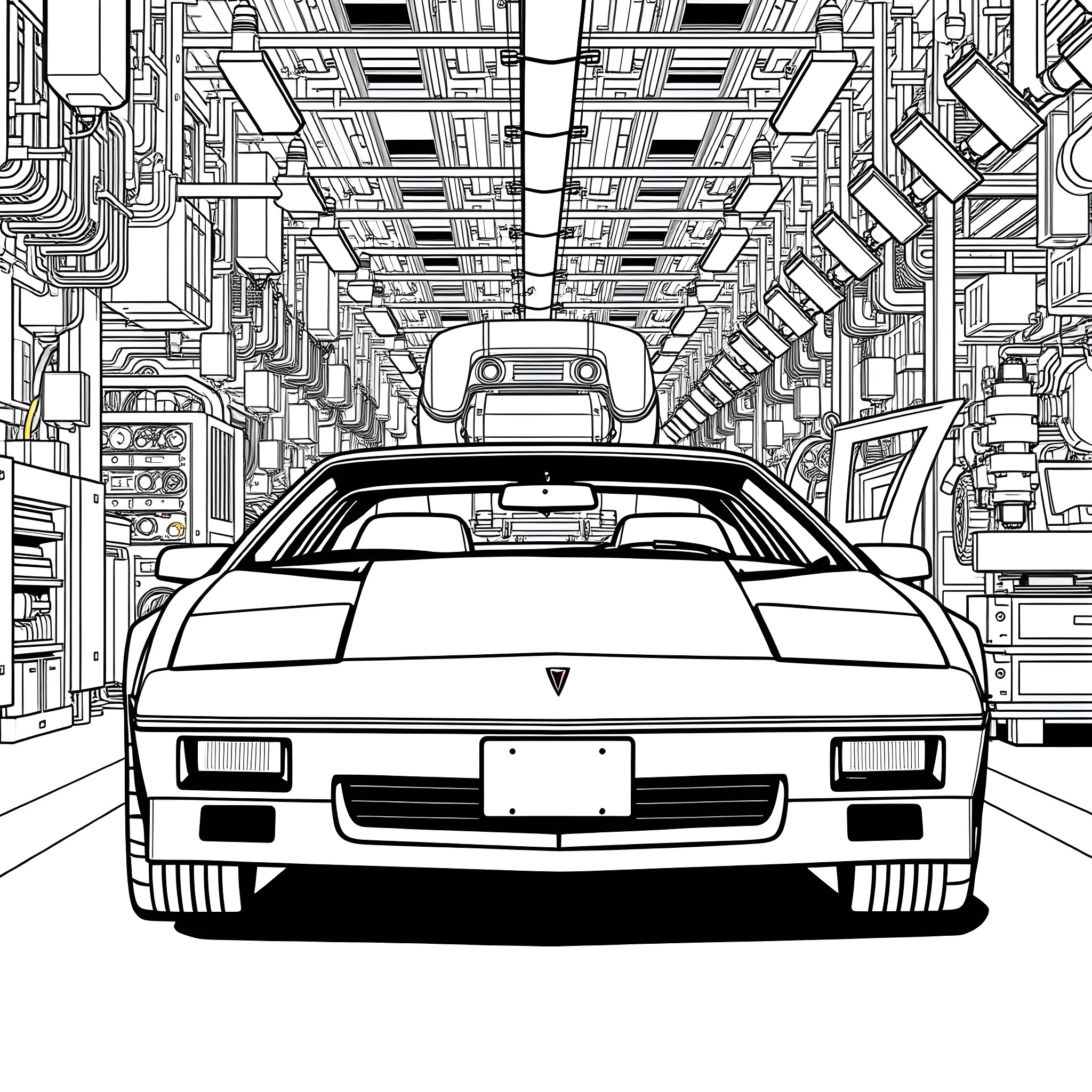 Pontiac Fiero in Futuristic Automotive Factory Coloring Page (free black-and-white line drawing printable PDF for all, from beginners to advanced learners, including children, teens, adults, and seniors)