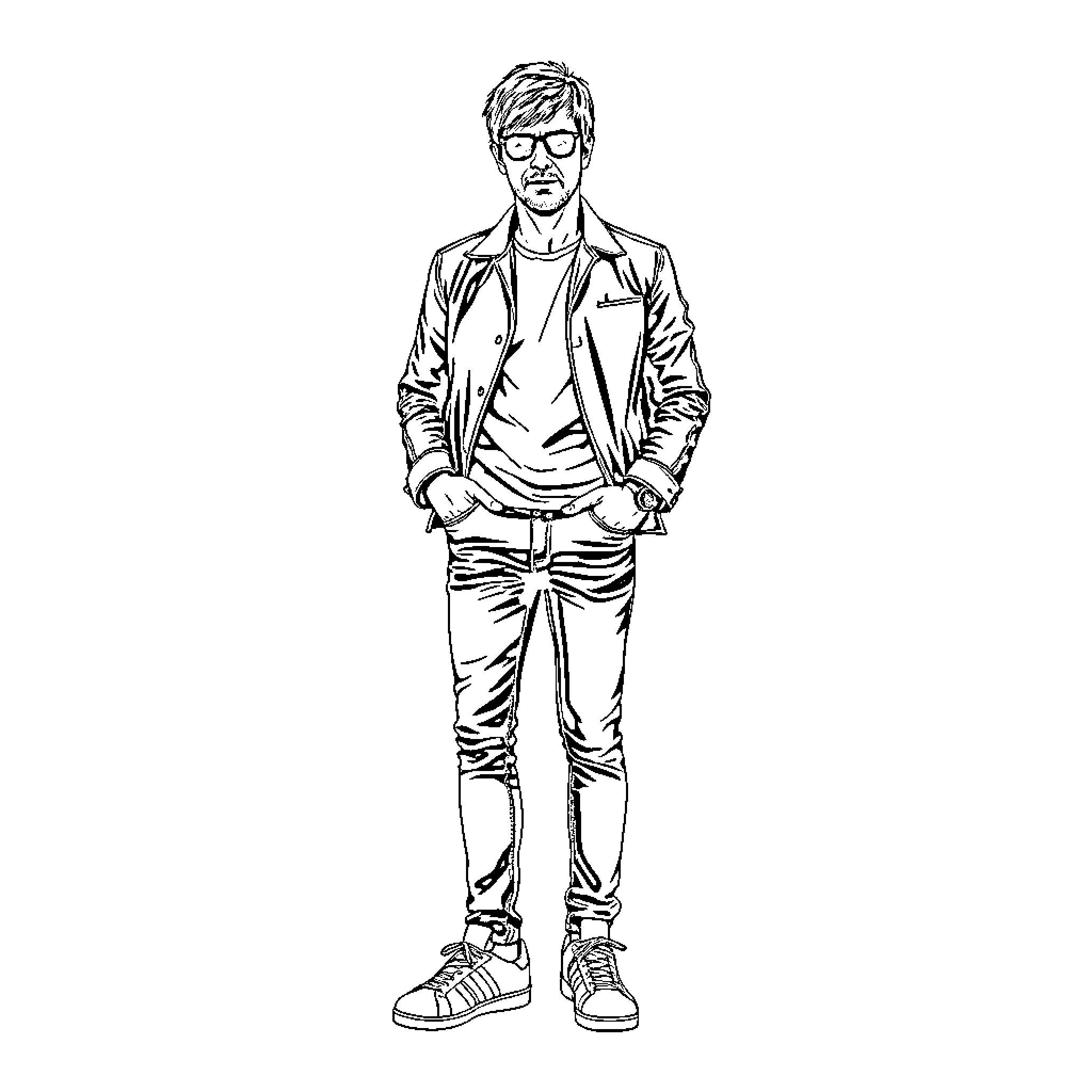 Liam Gallagher in casual attire and glasses Coloring Page (free black-and-white line drawing printable PDF for all, from beginners to advanced learners, including children, teens, adults, and seniors)
