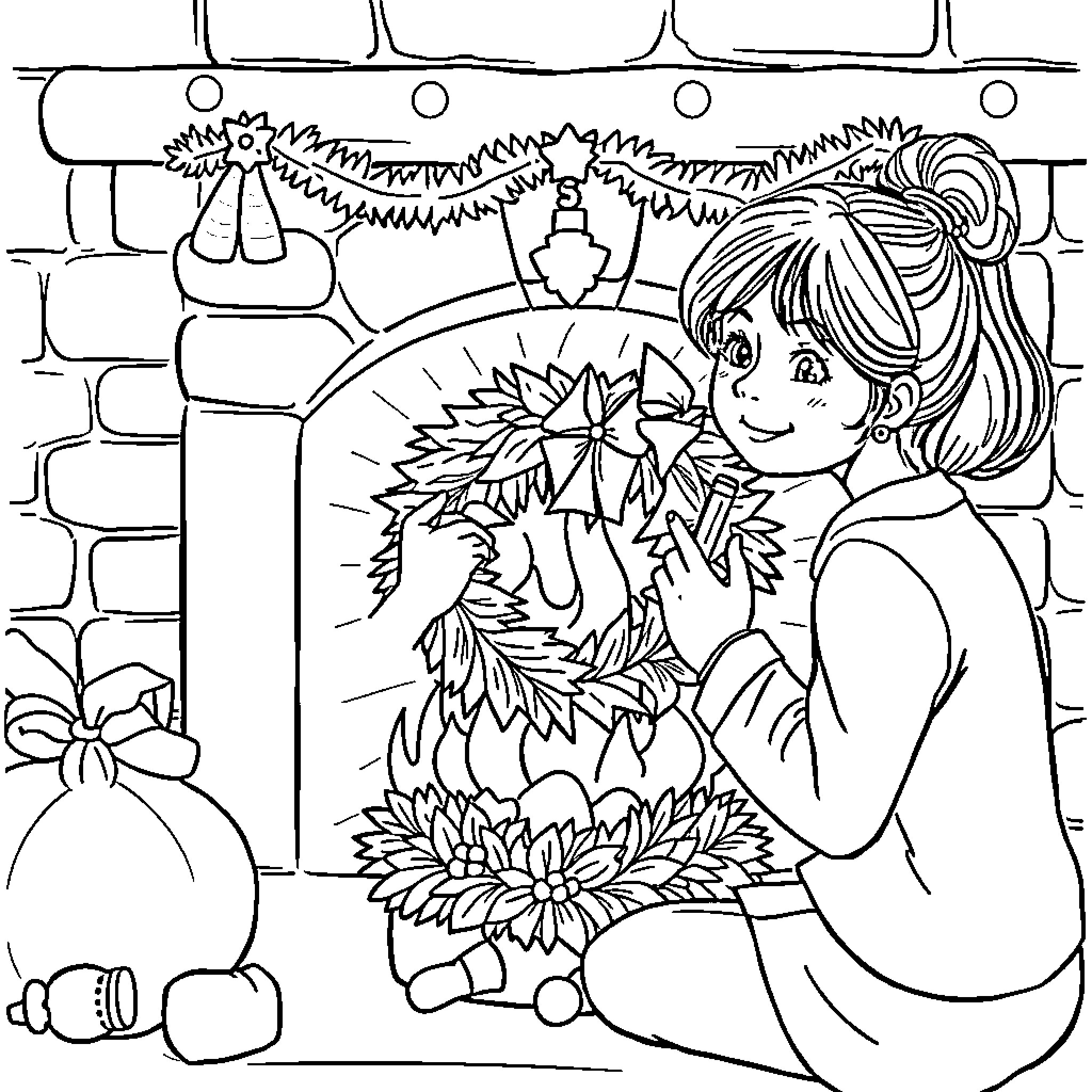 Girl decorating Christmas tree with ornaments Coloring Page (free black-and-white line drawing printable PDF for all, from beginners to advanced learners, including children, teens, adults, and seniors)
