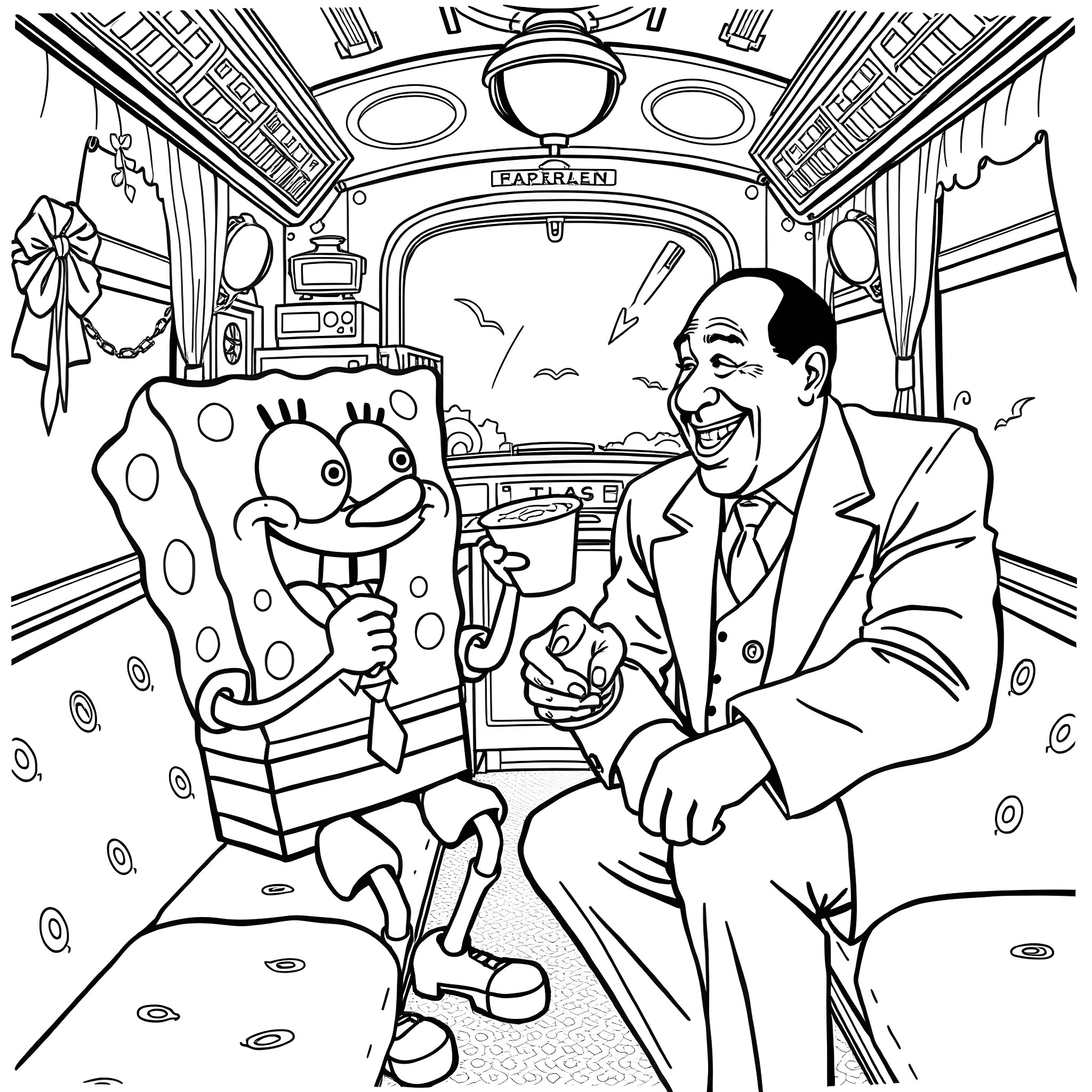 Spongebob and Mr. Krabs riding the bus Coloring Page (free black-and-white line drawing printable PDF for all, from beginners to advanced learners, including children, teens, adults, and seniors)